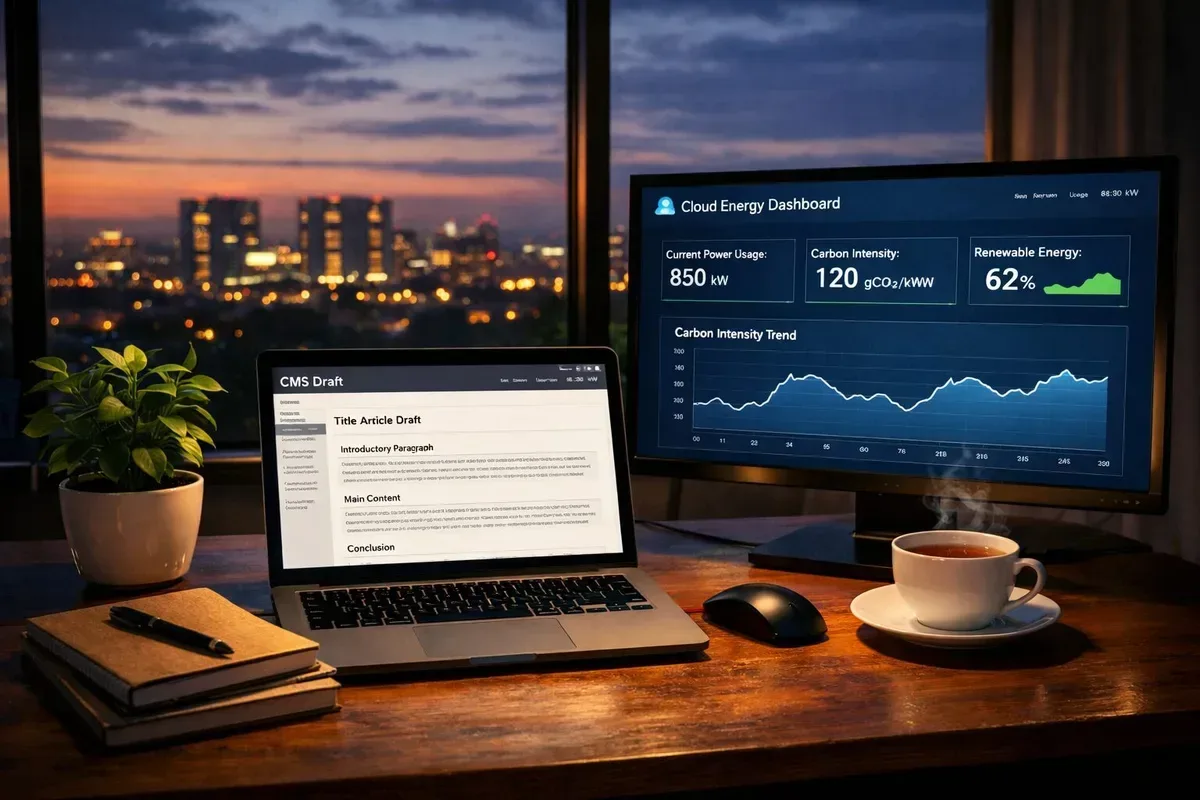 A high-resolution photograph of a modern editorial workspace at dusk: a laptop on a wooden desk displays a CMS draft while a secondary monitor shows a cloud dashboard with real-time energy metrics and a carbon-intensity graph. A potted plant sits beside recycled-paper notebooks and a cup of tea; through the window, city lights hint at distant data-centre infrastructure. The scene blends human creativity with digital infrastructure, emphasising the intersection of content creation and environmental impact.