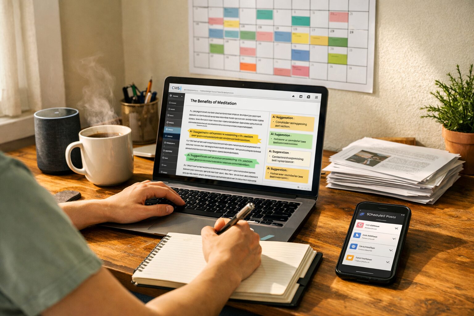 A sunlit home office where a person in casual clothes sits with a laptop and a notebook. On the screen, a CMS draft is open showing an AI‑generated article with highlighted suggestions. Nearby, a voice assistant and a steaming mug suggest a lived‑in routine. The scene captures comfort, speed and everyday productivity: a wall calendar with colour‑coded time blocks, a small stack of printed posts, and a phone showing scheduled social posts — all implying a seamless blend of human judgement and automated drafting.