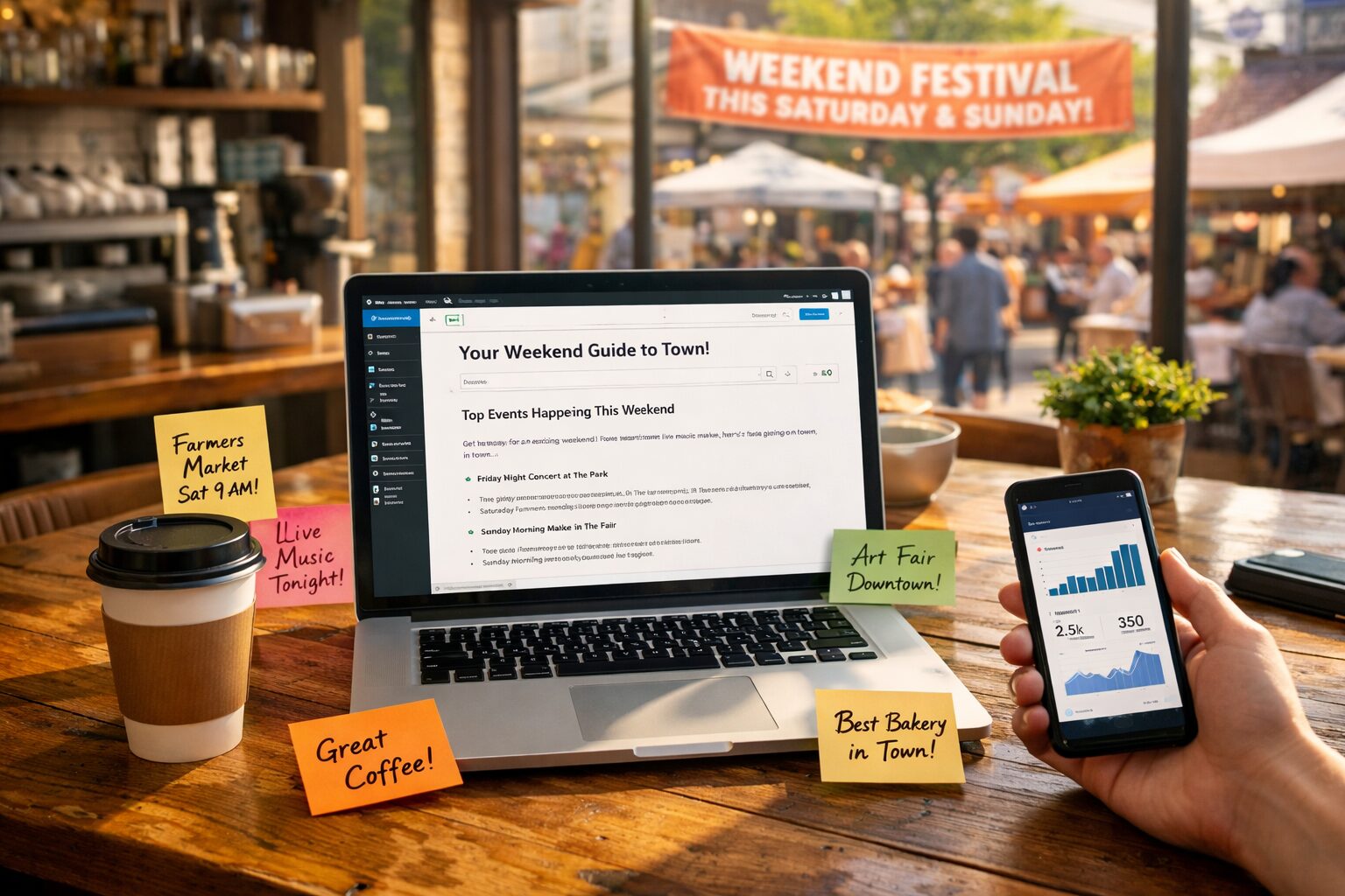 A sunlit small-business café interior with a laptop on a communal wooden table showing a WordPress editor screen populated with an automatically generated article draft. Around the laptop are handwritten sticky notes with local event ideas and customer quotes, a takeaway coffee cup, and a shopkeeper’s smartphone displaying analytics charts. In the background through the window, a market street with a banner for a weekend event hints at local relevance; the scene conveys the blend of human warmth and streamlined digital productivity.