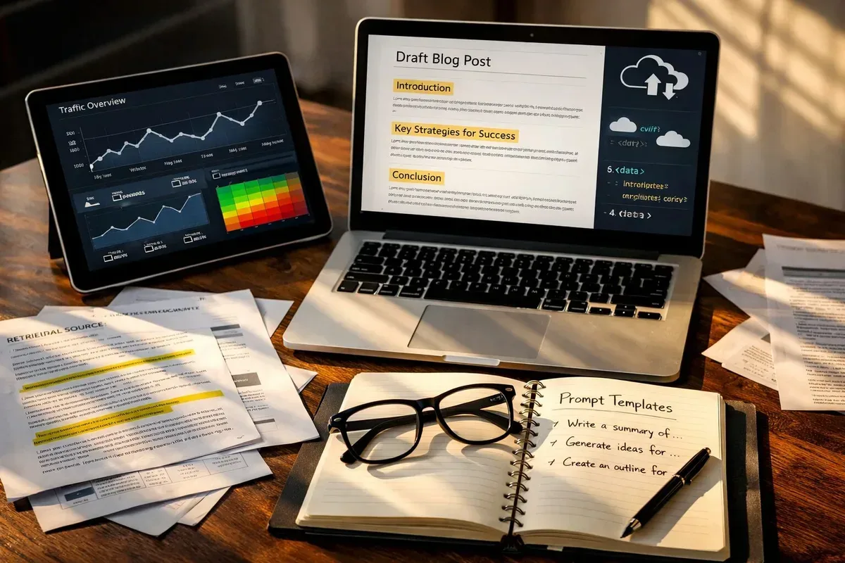 A crisp, high-contrast photograph of a modern content operations desk: a laptop displaying a draft blog post with highlighted headings, a tablet showing an analytics dashboard with traffic curves and engagement heatmaps, scattered printouts of retrieval-source PDFs, and a pair of glasses resting on an open notebook with prompt templates. Late-afternoon light casts long shadows, emphasising both human touch (handwritten notes) and machine infrastructure (cloud icons and code snippets visible on the laptop screen).