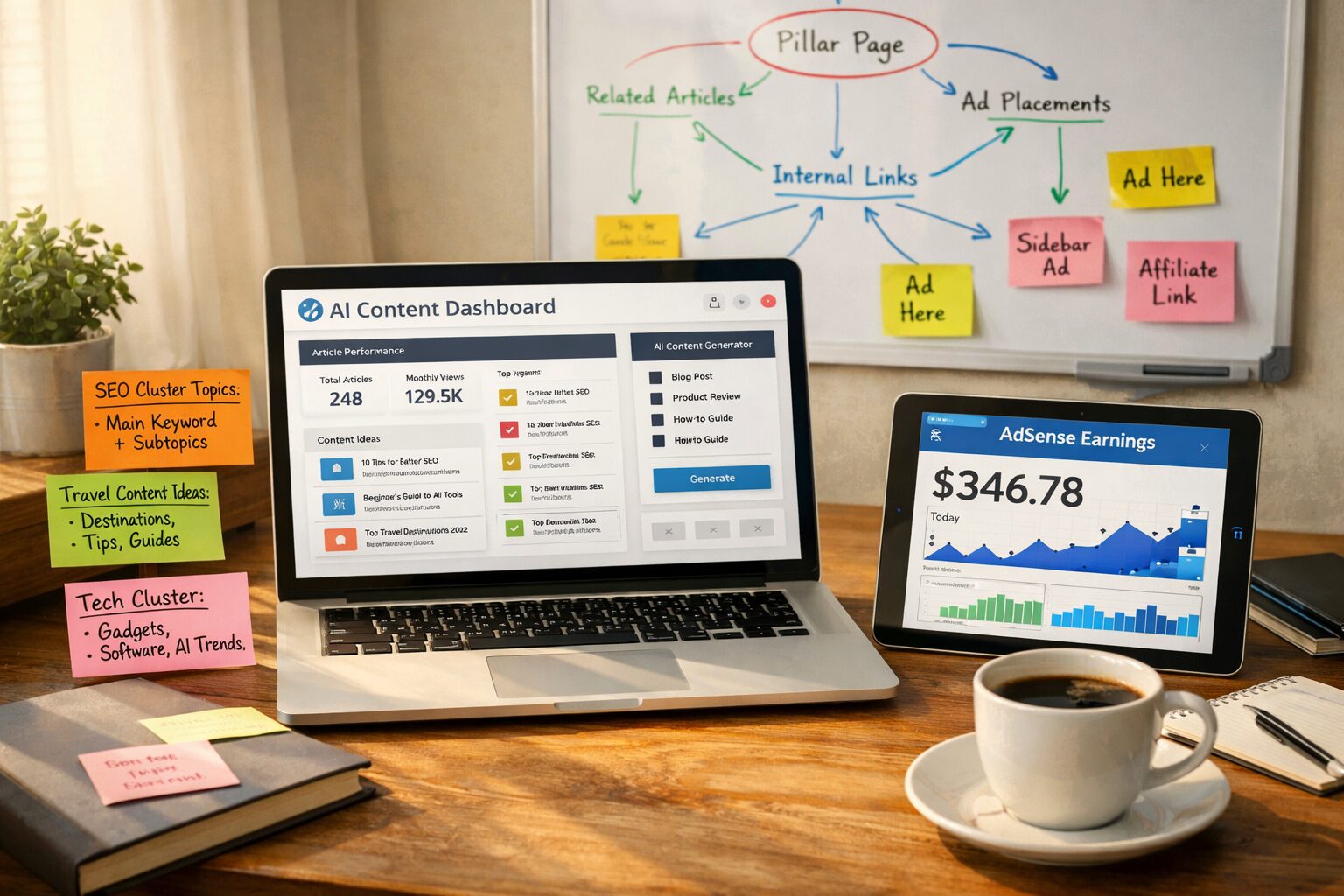 A high-resolution photograph of a freelancer's desk in soft morning light: an open laptop displaying an AI content dashboard, sticky notes with content cluster outlines, a tablet showing AdSense revenue graphs, and a cup of coffee. In the background, a whiteboard maps internal linking and ad placement with coloured markers, suggesting strategy rather than ad-hoc publishing.