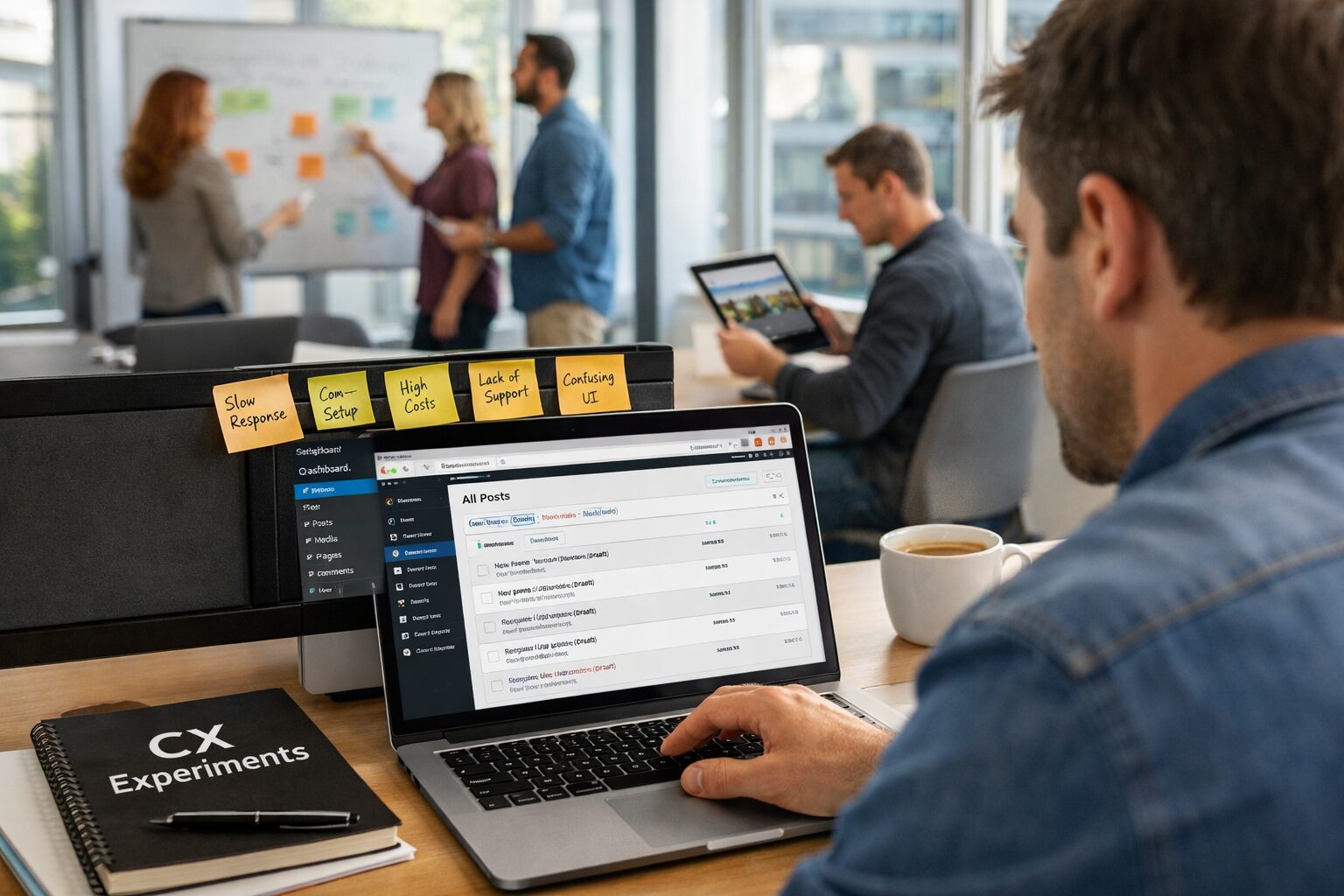 A crisp, high-resolution photograph of a modern open-plan office at mid-morning. In the foreground, a product manager reviews a laptop screen displaying a WordPress dashboard with several draft posts; sticky notes with customer pain points cluster on the monitor bezel. In the background, a small team stands at a whiteboard mapping a customer journey, while another colleague on a tablet previews a region-specific blog article. Natural light streams through large windows, and a coffee cup sits beside a notebook titled 'CX Experiments'. The scene conveys collaboration, speed and the human oversight that shapes automated content.