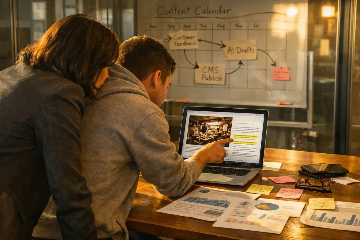 A candid photograph of a modern editorial workspace: a long wooden table strewn with printouts of analytics charts, handwritten sticky notes and a DSLR photo of a local case study on the laptop screen. Two people—one in a blazer, one in a hoodie—lean over the screen, pointing at highlighted paragraphs. Behind them a glass wall shows a whiteboard with a content calendar and arrows connecting customer feedback, AI-generated draft snippets and CMS publish dates. The light is late-afternoon, warm and directional, emphasising the mix of human collaboration and digital tools.