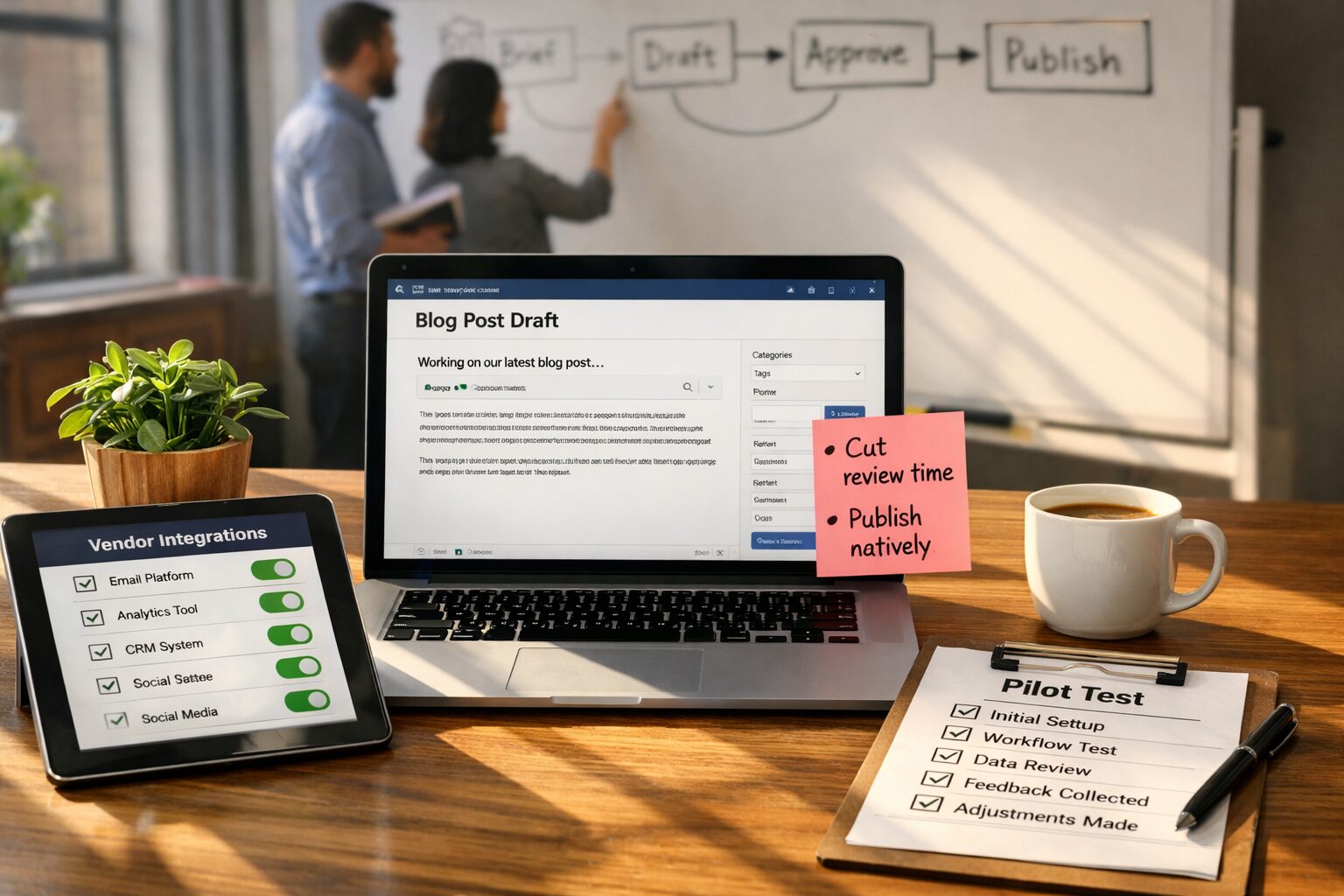 A high-resolution photograph of a modern office desk at mid-morning: a laptop displaying a half-finished blog draft in a CMS, sticky notes with brief bullet-point outcomes (’cut review time’, ’publish natively’), a tablet showing a vendor dashboard with integration toggles, and a printed checklist titled ‘Pilot Test’ with several boxes ticked. Sunlight slants across the scene, highlighting a coffee cup and a small plant, while in the blurred background two colleagues discuss a workflow on a whiteboard filled with arrows and labels such as ‘Brief’, ‘Draft’, ‘Approve’, ‘Publish’. The composition evokes practical decision-making and the tension between speed and quality.