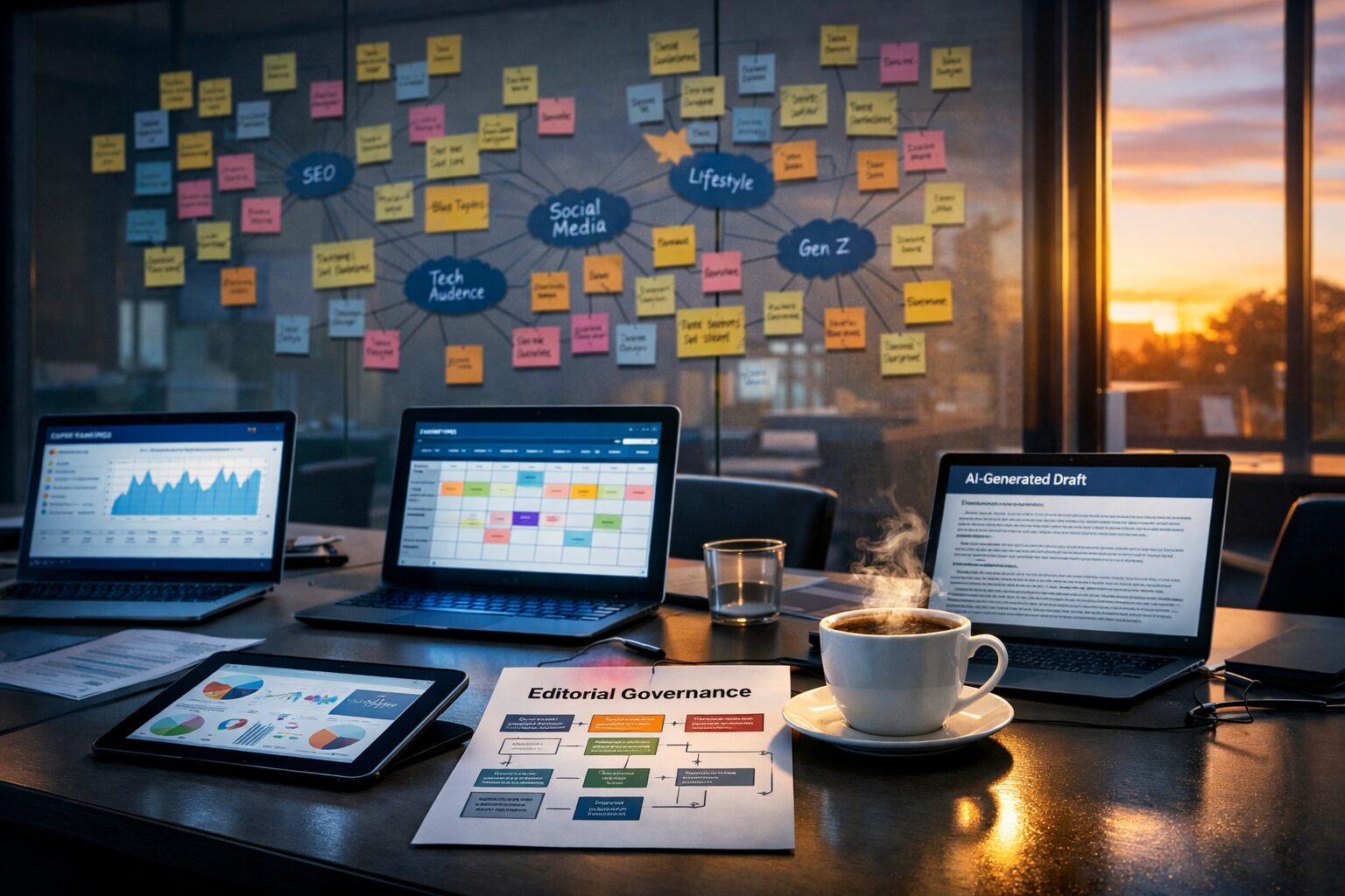 A high-resolution photograph of a modern marketing war room at dawn: a long table strewn with tablets and laptops showing dashboards of SERP rankings, content calendars and AI-generated drafts. On a glass wall behind them, sticky notes create a cluster map of topic clusters and micro-audiences. A single barista-style coffee cup steams beside a printed flowchart labelled 'Editorial Governance', suggesting human oversight amid automated processes. The light from the screens casts a cool blue glow, contrasting with warm sunlight through the window, symbolising the intersection of human strategy and machine speed.