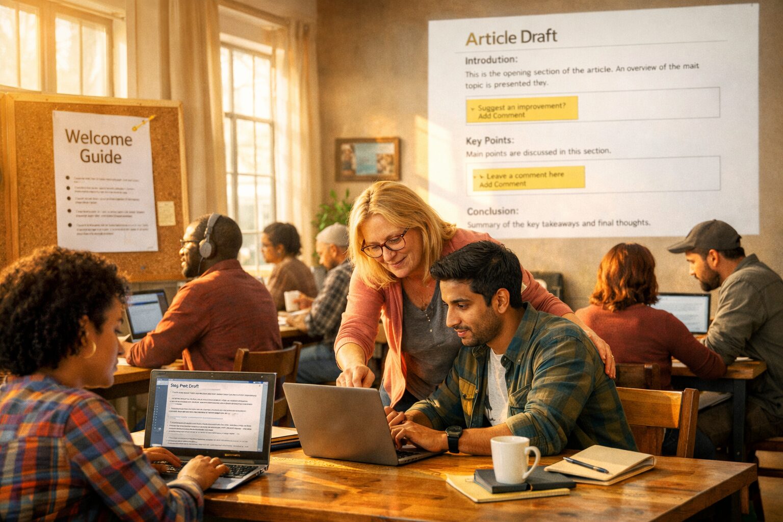 A warm, wide-angle photograph of a community co-working space: diverse people clustered at long wooden tables, laptops open with draft blog posts on screen, a pinned printout labelled 'Welcome Guide' on a noticeboard, a volunteer gently showing a newcomer how to edit a post. Sunlight streams through tall windows, and on a side wall a projector displays an auto-generated article draft with highlighted sections inviting comments—capturing the blend of human interaction and automated content in action.