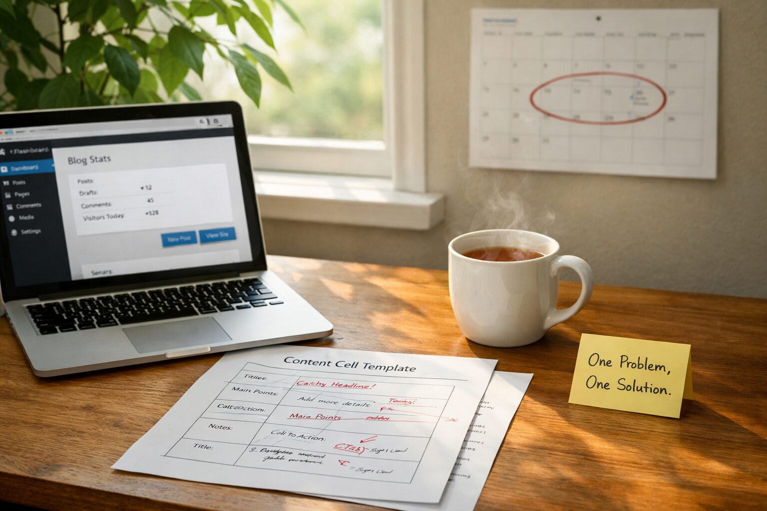A crisp, natural-light photograph of a small wooden desk by a window. On the desk: an open laptop showing a simple blog dashboard, a printed one-page content cell template with handwritten edits, a cup of tea releasing steam, and a sticky note with the words “One Problem, One Solution.” In the background a plant casts soft shadows; a blurred calendar on the wall shows a two-week schedule circled. The scene conveys focused, sustainable work and the quiet discipline of scalable beginnings.