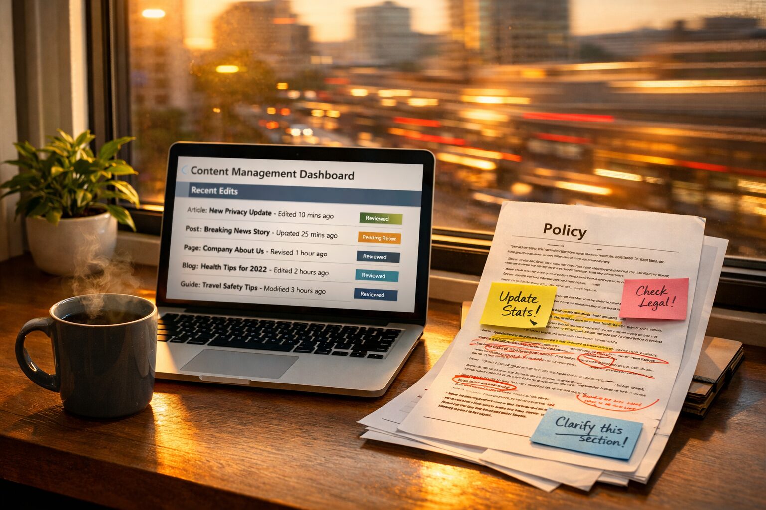 A high-resolution photograph of a modern office desk by a window at golden hour: an open laptop displaying a content management dashboard with recent edits highlighted, a printed policy page annotated with sticky notes, a steaming mug of coffee, and a small potted plant. Outside the window, city movement blurs, suggesting quick-changing news cycles. The light emphasises the laptop screen and the annotations, conveying the idea of continual maintenance and human oversight against a fast-moving world.