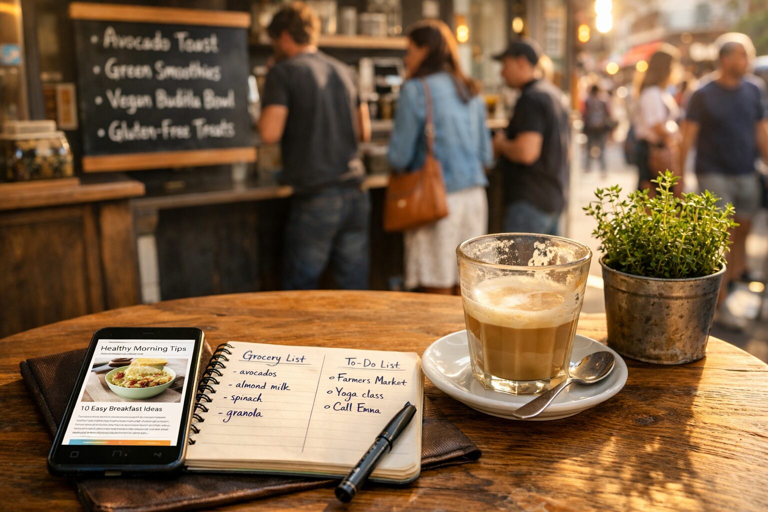 A high-resolution photograph of a sunlit urban café table strewn with a smartphone showing a blog post, a notebook with handwritten shopping lists, a half-finished oat latte, and a small potted herb. In the background, people queue at a counter where a chalkboard menu features items lifted from popular lifestyle blogs. The composition captures the intersection of digital search, offline behaviour and everyday rituals, with warm late-afternoon light and soft bokeh on passing pedestrians.