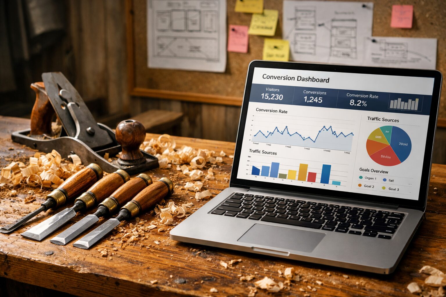 A close-up photograph of a craftsman’s workbench beside a laptop: a teak surface dusted with wood shavings, a set of chisels and a plane arranged neatly next to a modern laptop displaying a conversion dashboard. Soft natural light falls across both analogue tools and digital screens, highlighting the juxtaposition of hands-on craft and precise data visualisation. In the background, blurred sketches of user journeys and sticky notes pinned to a corkboard suggest iterative design work in progress.