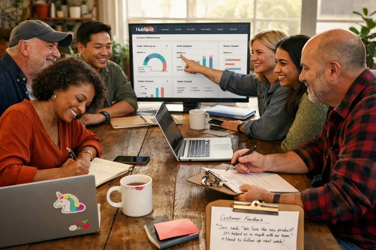 A warm, candid photograph of a mixed group of six marketers and small business owners gathered around a long wooden table in a sunlit co‑working space. Laptops and notebooks are open; one person points at a HubSpot dashboard displayed on a central screen while another jots down a customer anecdote. A coffee cup with lipstick stain, a child’s colourful sticker on a laptop, and a printed customer note clipped to a folder give the scene intimate, lived-in details. The composition emphasises collaboration, diverse ages and ethnicities, and the small human artefacts that signal real stories behind digital campaigns.