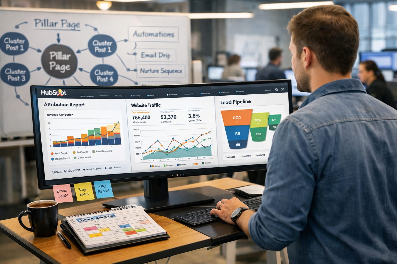 A high-resolution photograph of a modern marketing control room. In the foreground, a marketer at a standing desk looks at a large curved monitor displaying HubSpot dashboards: attribution graphs, traffic trends, and a lead pipeline. Sticky notes and a notebook with a content calendar lie beside a coffee cup. In the background, a whiteboard shows a topic-cluster map linking pillar pages to cluster posts, with arrows to automation workflows. The scene is brightly lit, professional and dynamic, conveying the idea of content as strategic infrastructure that generates measurable business value.