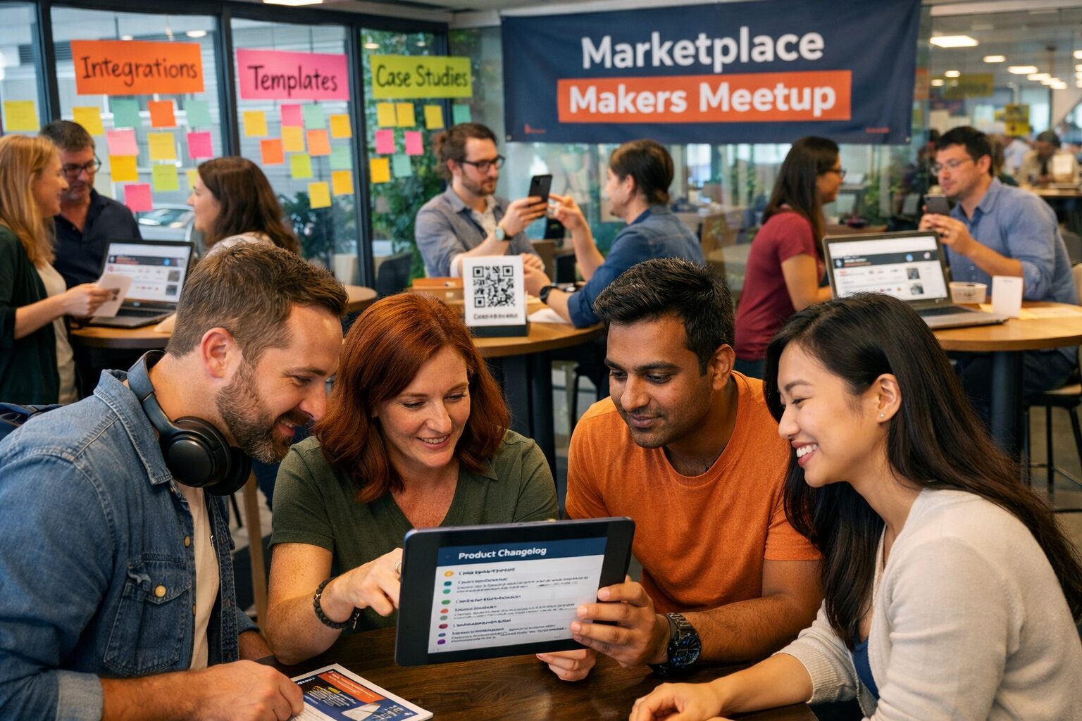 A vibrant photograph of a co-working event in a modern tech hub: developers and marketers clustered around high tables, laptops open to HubSpot Marketplace pages. Sticky notes cover a glass wall with categories like 'Integrations', 'Templates' and 'Case Studies'. In the foreground, a small group is mid-discussion with a tablet displaying a product changelog; in the background a banner reads 'Marketplace Makers Meetup'. Natural light spills across the room, highlighting diverse participants exchanging printed guides and scanning QR codes that link to Marketplace listings.