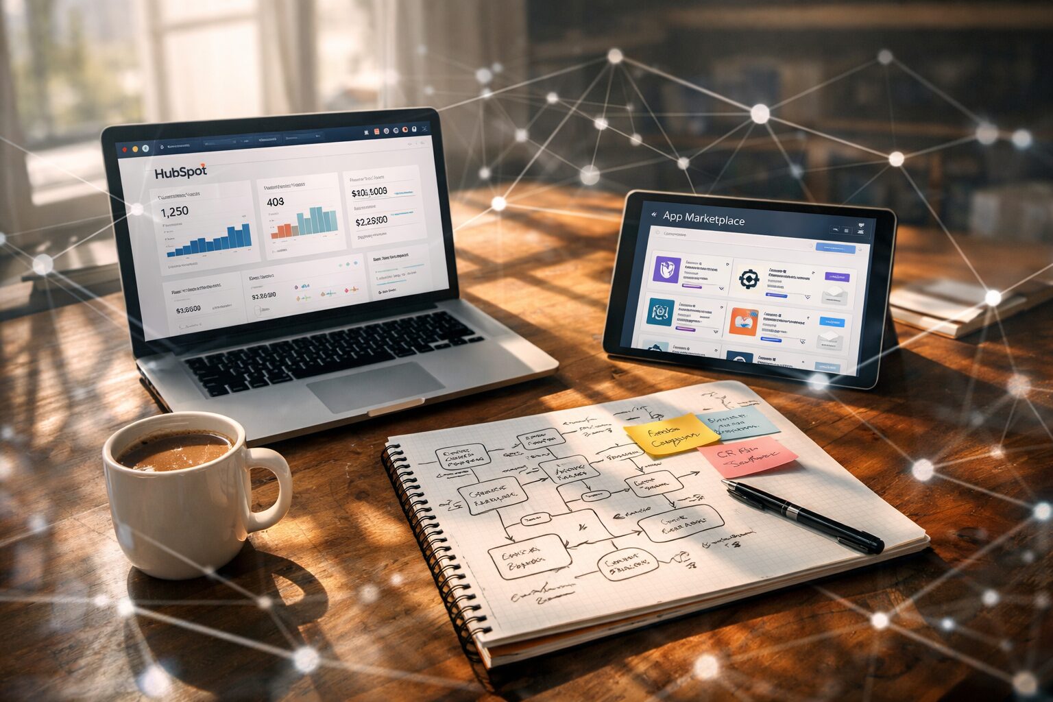 A wide, atmospheric photograph of a modern workspace: a wooden table strewn with a laptop displaying the HubSpot dashboard, a tablet showing an app marketplace, a notepad filled with flow diagrams and sticky notes, and a cup of coffee. Light from a large window throws soft shadows across the devices, while faint reflections show interconnected lines and nodes, symbolising an invisible web of integrations and APIs linking the tools together.