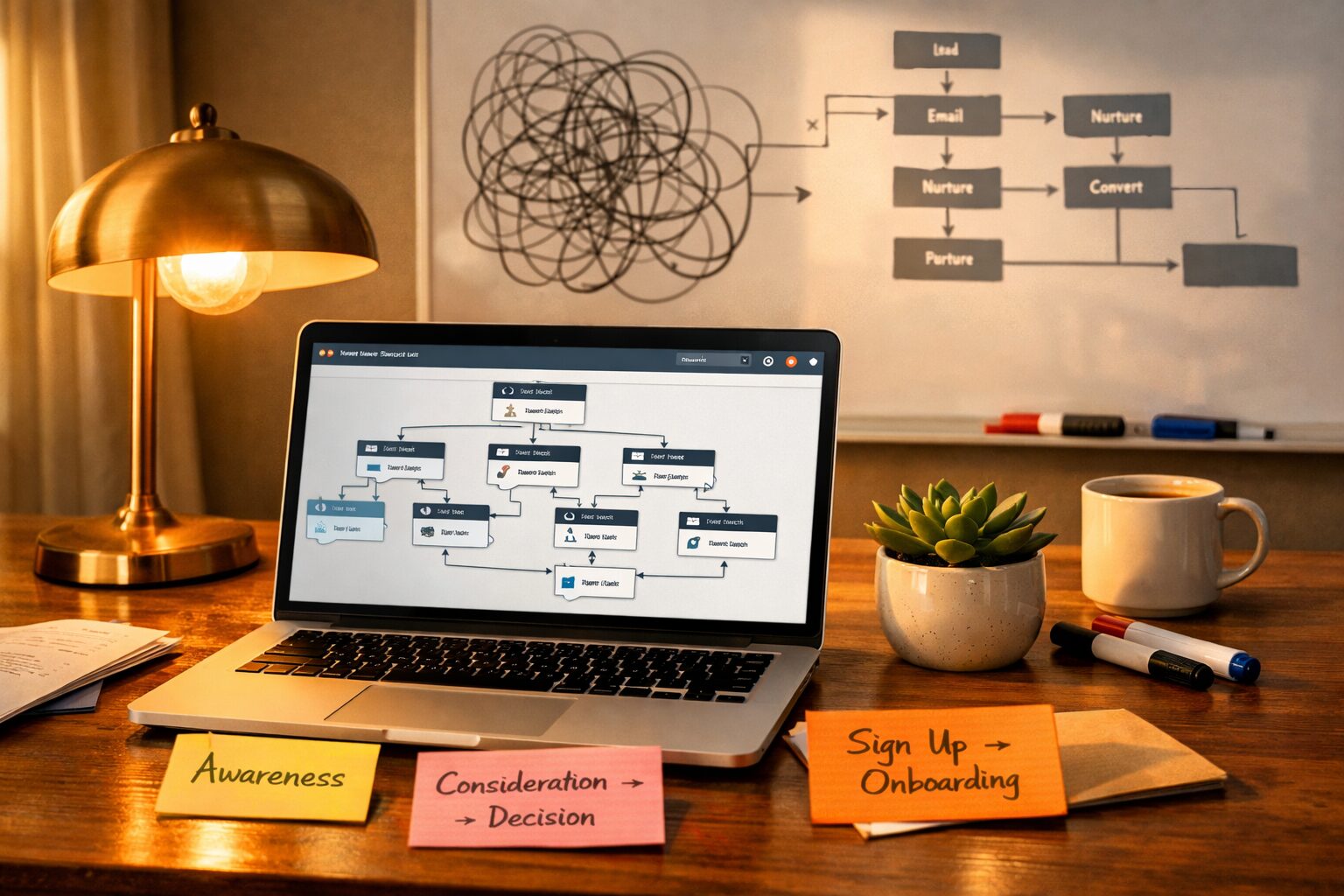 A crisp editorial photograph of a modern marketing operations desk at golden hour: a laptop open to a complex HubSpot workflow visual, sticky notes with scribbled customer journey steps, a mid-century lamp casting warm light, and a small potted succulent. In the background, a whiteboard shows a tangled diagram gradually being replaced by a cleaner, modular flow—markers and a coffee cup nearby—visually representing the transition from brittle automation to a streamlined, modern stack.