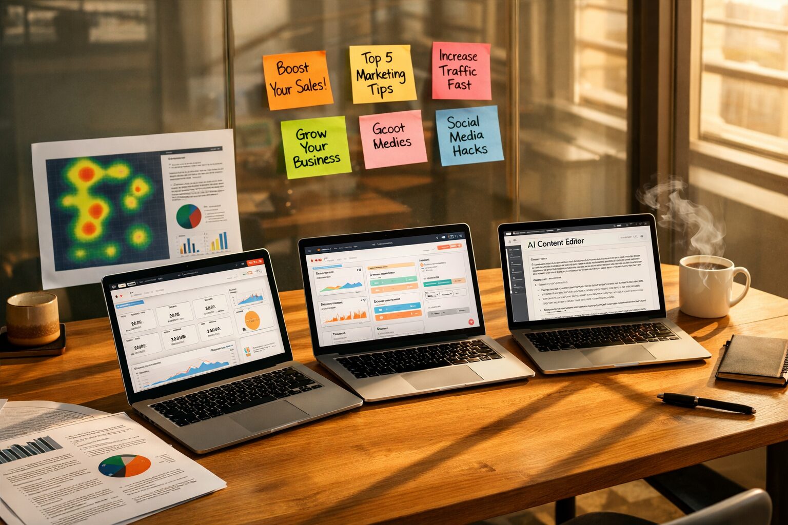 A high-resolution photograph of a modern marketing team workspace: a long oak table with three open laptops displaying HubSpot dashboards and an AI content editor, sticky notes with headline variations stuck to a glass wall, an eye‑tracking heatmap printed beside a research paper, and a steaming cup of coffee. Late afternoon light from a large window casts long shadows; the scene conveys rigorous experimentation, human collaboration and digital automation in perfect balance.