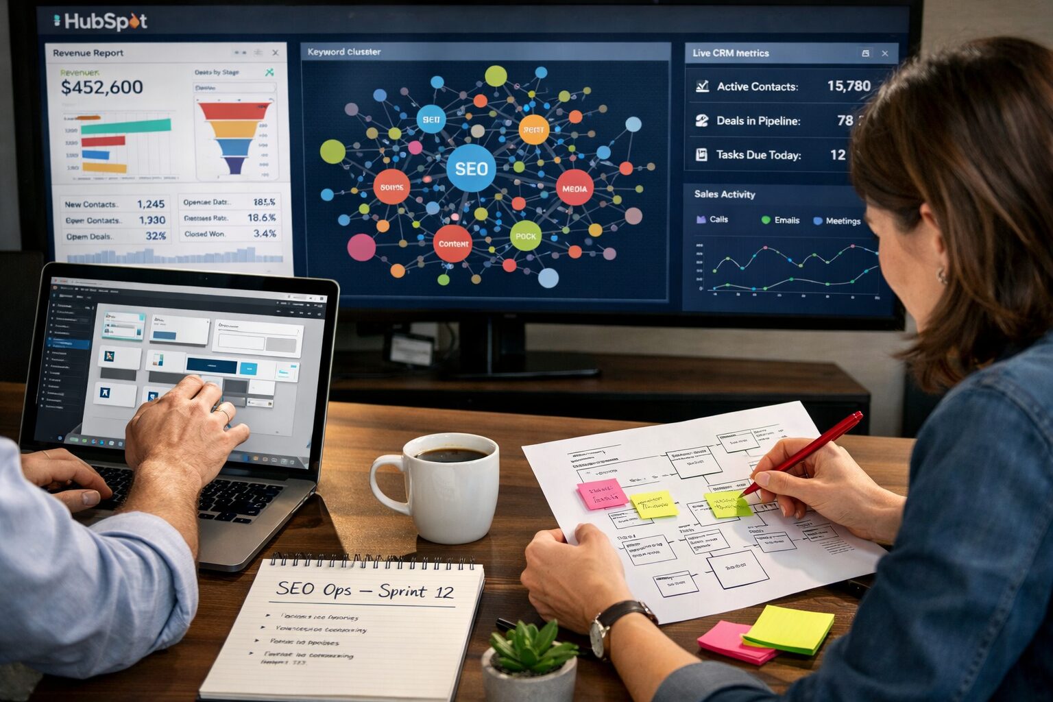 A crisp, high-resolution photograph of a modern marketing operations room: a large wall screen displays HubSpot dashboards, keyword clusters visualised as connected nodes, and live CRM metrics. In the foreground, a designer adjusts modular components on a laptop while a content strategist annotates a printed sitemap with coloured sticky notes. Natural light falls across a notepad titled "SEO Ops — Sprint 12", beside a coffee cup and a small plant, conveying a blend of human creativity and data-driven process.
