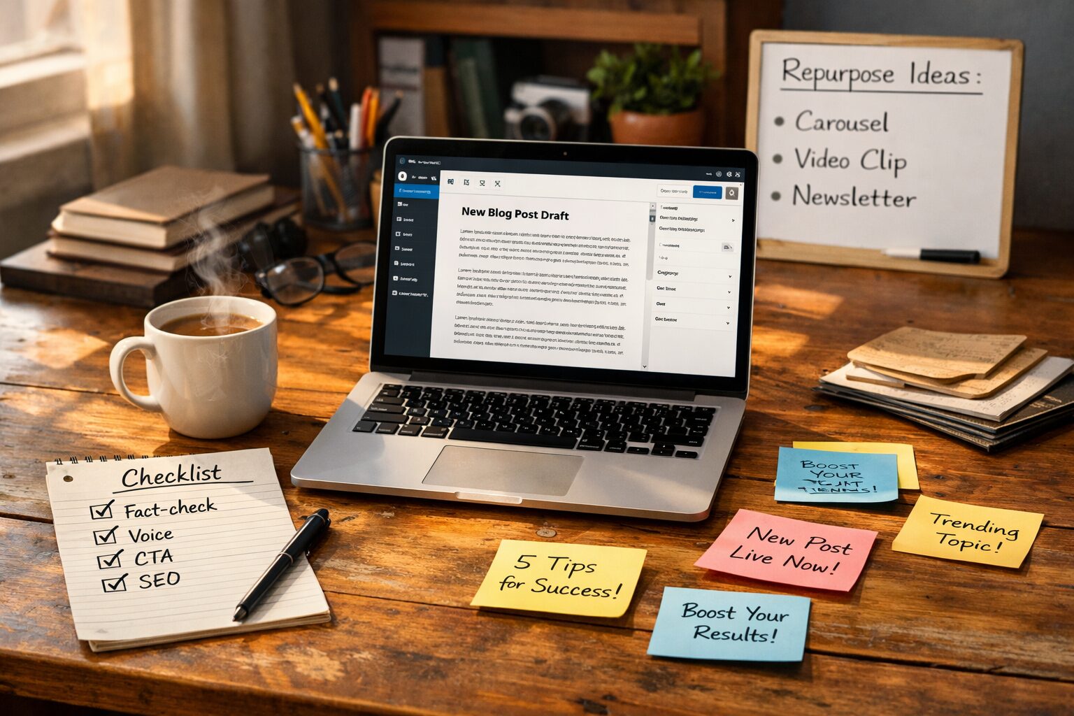 A high‑resolution photograph of a cluttered wooden desk bathed in soft afternoon light. On the desk sits an open laptop displaying a WordPress editor with a freshly pasted article draft. Beside it, a printed checklist with handwritten ticks reads 'Fact‑check, Voice, CTA, SEO'. A coffee cup sends up a thin curl of steam; sticky notes with short headlines and social captions are scattered around. In the background, a small whiteboard lists repurposing ideas: 'carousel, video clip, newsletter'. The scene conveys the moment after purchase when automation meets human curation.