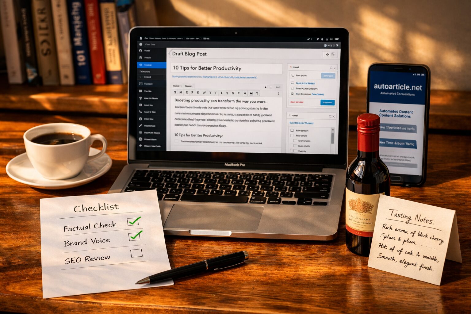 A high-resolution photograph of a modern workspace: a wooden desk with a laptop showing a draft blog post in a CMS window, a printed checklist beside it with ticks next to "factual check" and "brand voice", a cup of coffee, and a small bottle of red wine with an open tasting note card. In the background, a blurred bookshelf holds marketing and ethics books, and a smartphone screen displays the autoarticle.net homepage. The lighting is warm late-afternoon sun, creating long shadows and a contemplative, professional mood.