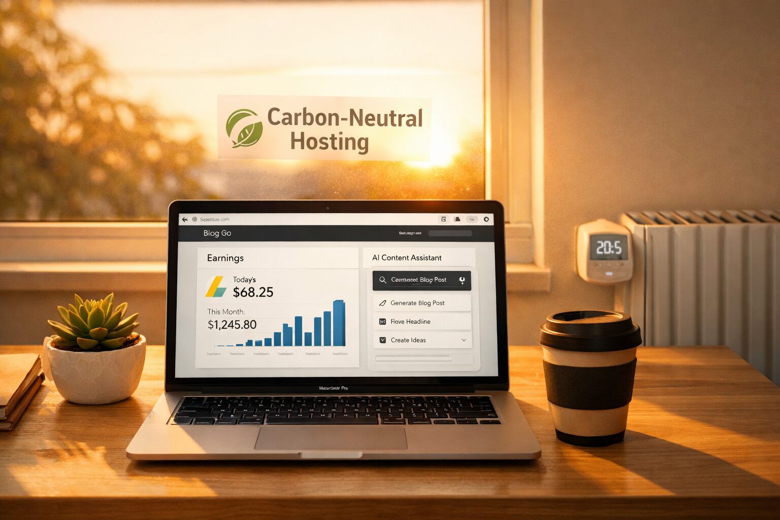 A high‑resolution photograph of a minimalist home office at golden hour: a laptop open to a blog dashboard shows an AdSense earnings bar and an AI content tool in the corner. A small potted succulent and a reusable coffee cup sit beside the laptop. Sunlight falls across a window sticker declaring “Carbon‑Neutral Hosting”. In the background, a radiator shows a subtle thermostat display, suggesting energy awareness. The scene blends digital publishing with tangible sustainability cues — warm, intentional and modern.