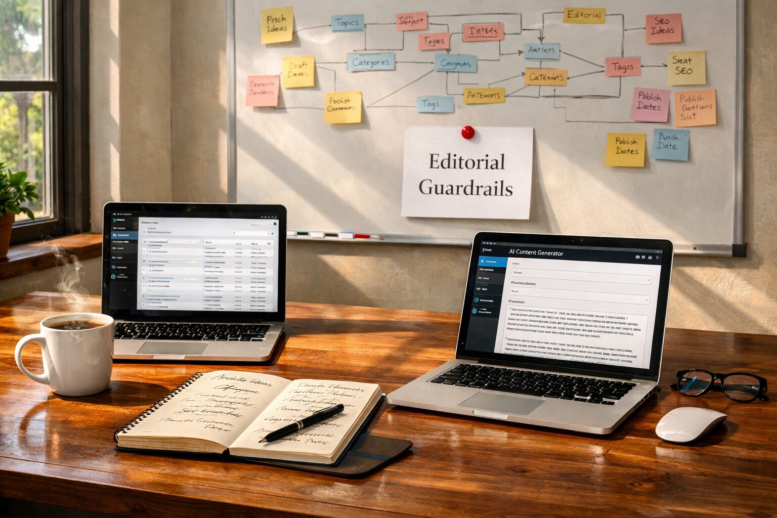 A high‑resolution photograph of a modern editorial workspace: a long wooden table with two open laptops displaying WordPress dashboards and a content generation interface, a notebook with hand‑scribbled editorial notes, a cup of coffee with a faint steam trail, and a wall‑mounted whiteboard in the background covered in sticky notes and a taxonomy map. Sunlight streams through a large window, casting warm shadows that highlight a small printed sheet with the words “Editorial Guardrails” pinned under a magnet.