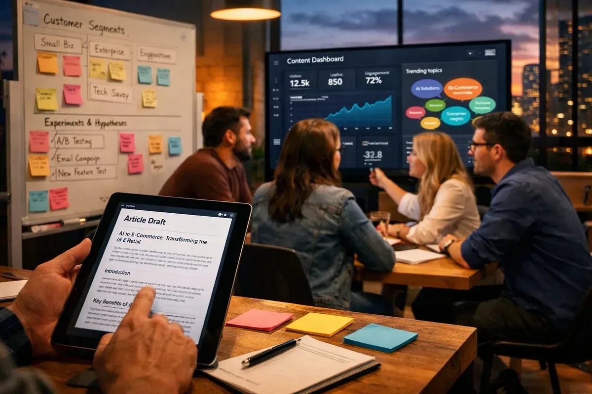 A high-resolution photograph of a modern open-plan office at dusk: a small cross-functional team clustered around a large screen displaying a content dashboard with live metrics and topic clusters. In the foreground, a person taps a tablet showing a generated article draft; sticky notes and a whiteboard behind them map customer segments and hypothesis-driven experiments. The light is warm, signalling creative focus, while the city skyline outside the window hints at market reach and scale.