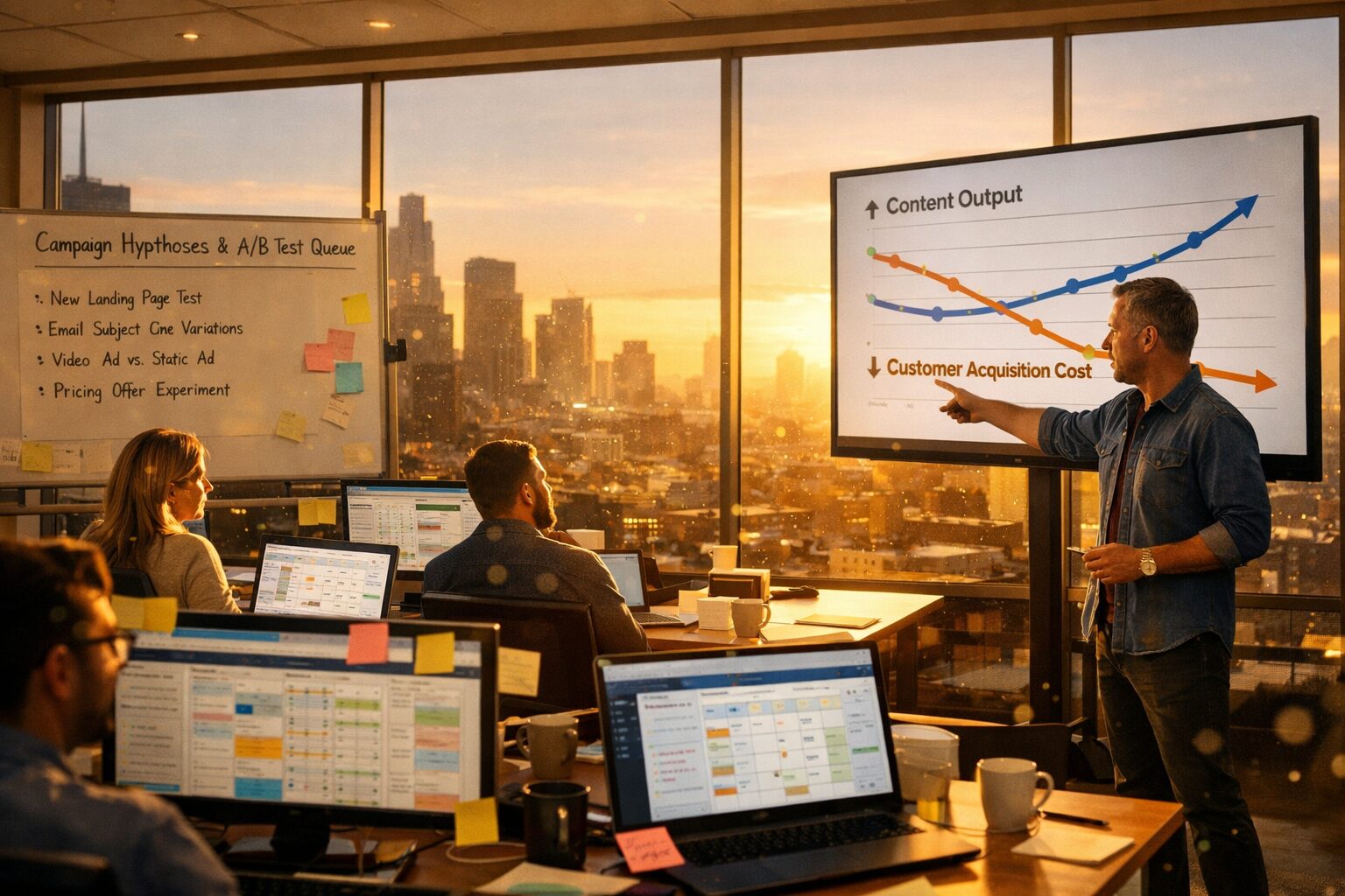 A panoramic, high-resolution photograph showing a modern open-plan marketing floor at golden hour. Desks are lined with laptops displaying content dashboards and editorial calendars; a whiteboard lists campaign hypotheses and A/B test queues. In the foreground, a mid-career strategist gestures towards a large screen where a graph shows accelerated content output and falling customer acquisition cost. Through floor-to-ceiling windows, a city skyline hints at broader market activity. The light catches dust motes and post-it notes, emphasising human labour amid digital automation — a visual metaphor for technological speed generating wide economic waves.