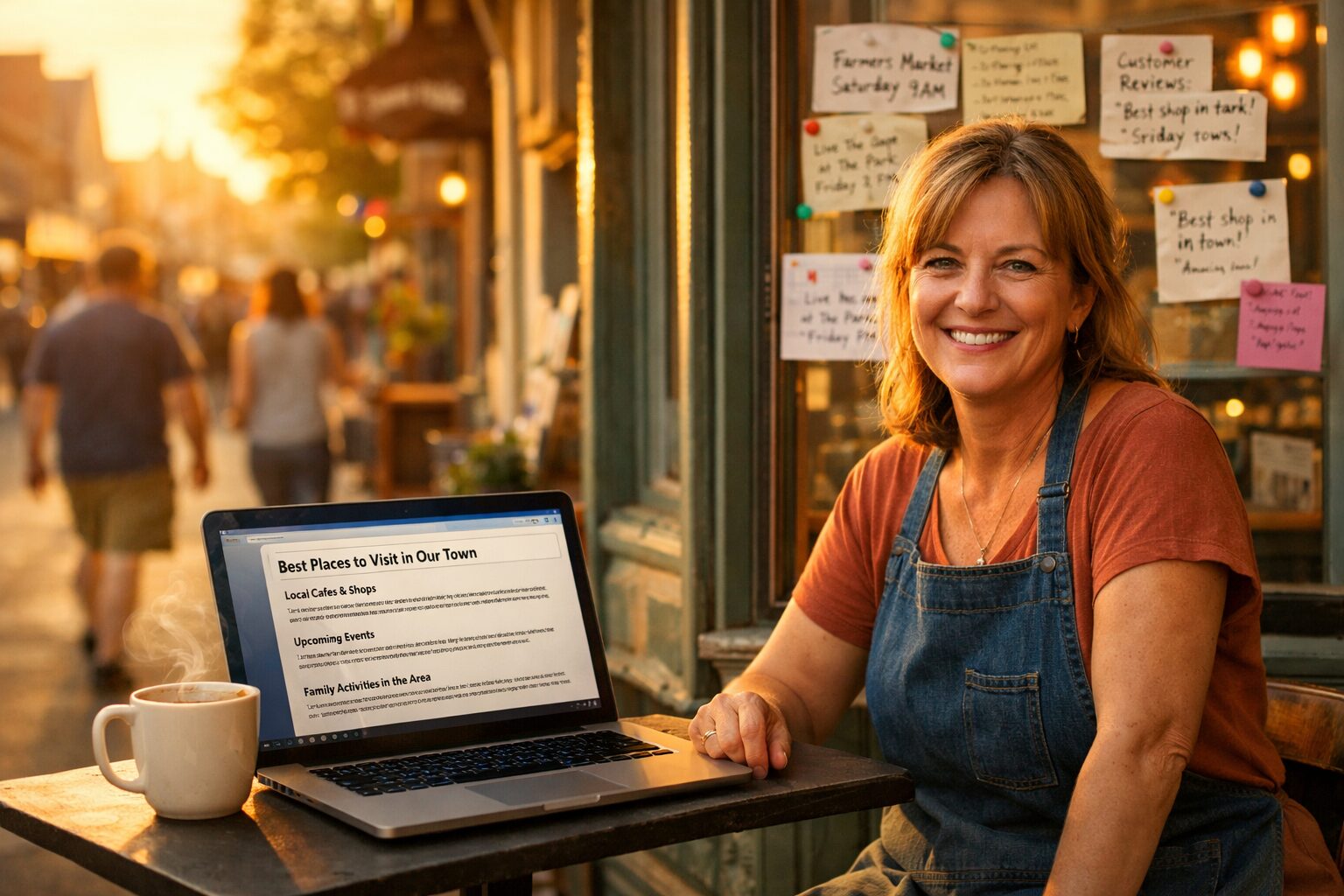 A warm, candid photograph of a small independent shop owner standing in front of their storefront at golden hour, laptop open on a sidewalk table. The screen shows a draft article with headings and local keywords, a cup of coffee steaming beside it. In the background, passers-by blur into a sunlit high street; pinned notes on the shop window list local events and customer testimonials. The image conveys practical urgency, neighbourhood focus and the human-centred use of AI tools.