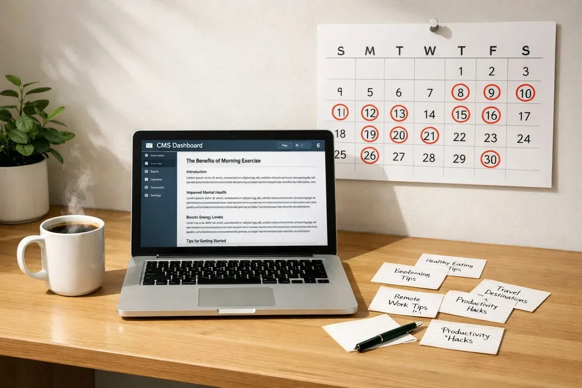 A crisp, midday photo of a minimalist home office: a laptop displaying a CMS dashboard with an auto-generated article draft, a steaming cup of coffee, scattered notecards with topic ideas, and a wall-mounted calendar showing a regular publishing schedule. Sunlight casts soft shadows, emphasising order and calm — the visual of reclaimed time and streamlined workflow.