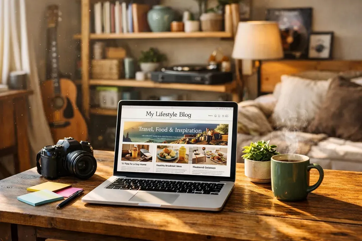 A high-resolution photograph of a cosy, sunlit studio apartment: a laptop on a wooden table displaying a popular blog homepage, sticky notes and a camera beside it; a small potted plant and a steaming mug add warmth. In the background, a shelf holds curated objects—books, ceramics, a record player—each item reflecting trends often popularised by scaled blogs. The scene captures the intersection of digital influence and domestic lifestyle, with sunlight catching dust motes to suggest the quiet, pervasive way blogs seep into daily routines.