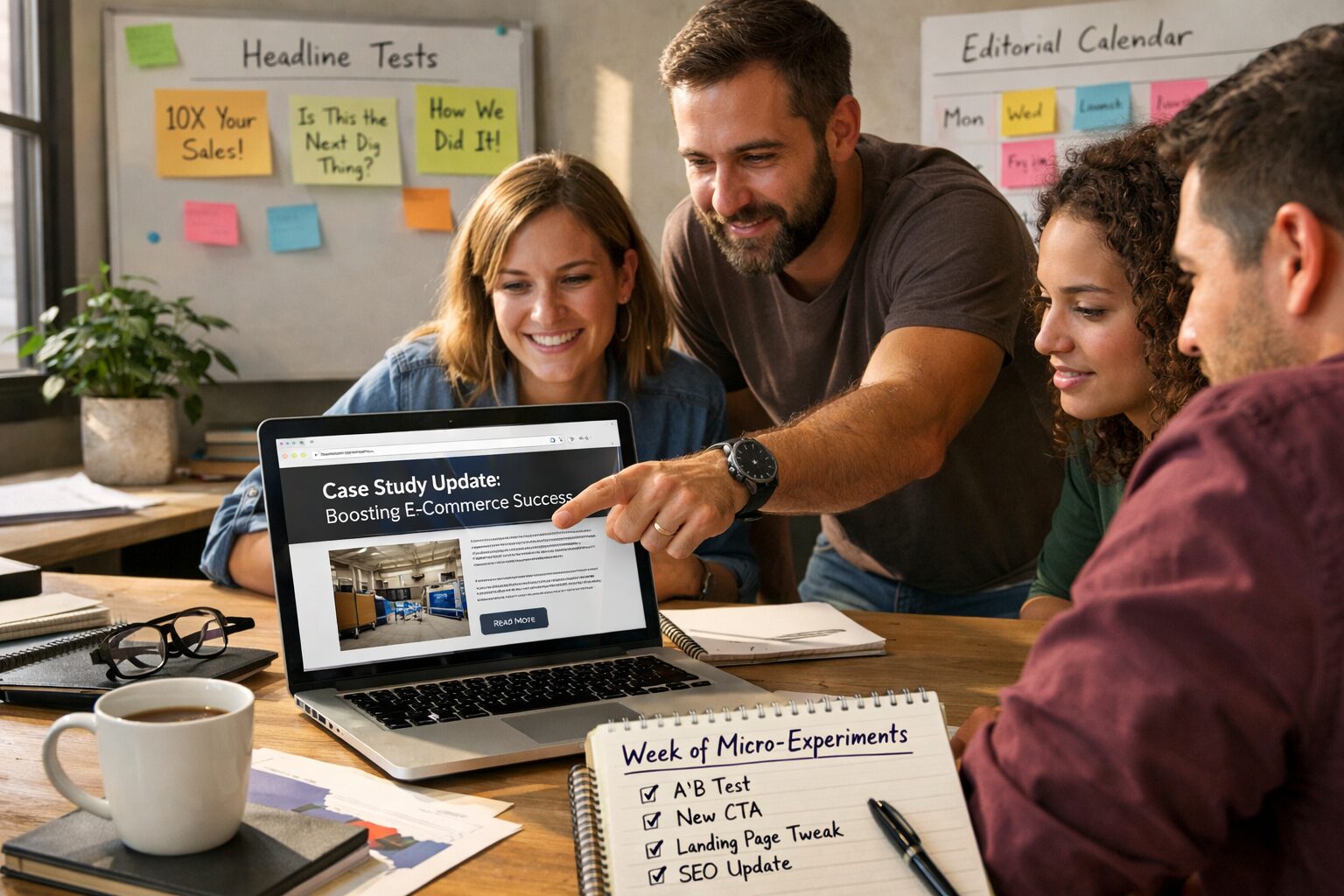 A sunlit co-working space where a small team gathers around a laptop; on screen, a blog preview shows a recently updated case study. Sticky notes and a whiteboard in the background display headline tests and an editorial cadence. A coffee cup sits beside a notebook with a handwritten checklist titled 'Week of Micro-Experiments.' The scene conveys hands-on, iterative work, creative urgency and the tangible practice of keeping a website alive.