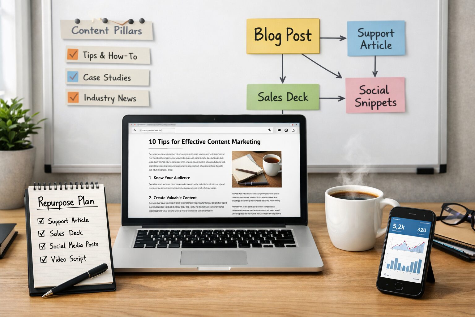 A crisp photograph of a modern workspace at midday: a laptop open to a well-structured blog post, a notepad with a checklist titled ‘Repurpose Plan’, a cup of coffee steaming beside a phone showing analytics charts. In the background, a magnetic whiteboard displays content pillars and a simple flowchart linking ‘Blog Post’ to ‘Support Article’, ‘Sales Deck’ and ‘Social Snippets’. The scene captures productivity and the unseen efficiencies a single blog can unlock.
