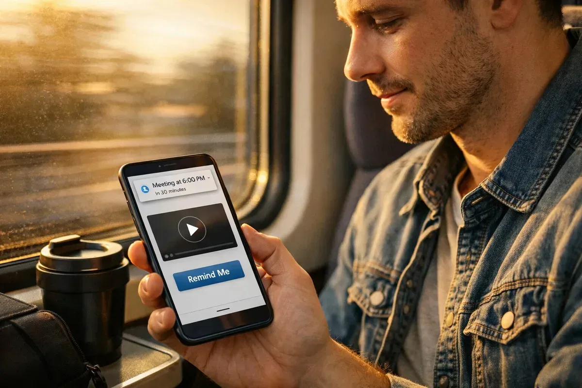 A candid photograph of a modern commuter sitting on a train at golden hour, smartphone in hand. The screen shows a minimalist website with a short explainer video and a single ‘Remind me’ button; beside the commuter a reusable coffee cup and a laptop bag peek into the frame. Light reflects off the window, suggesting movement, while a calendar notification subtly appears on the phone screen — visually representing the intersection of daily routine, brief attention, and an invitation to convert.