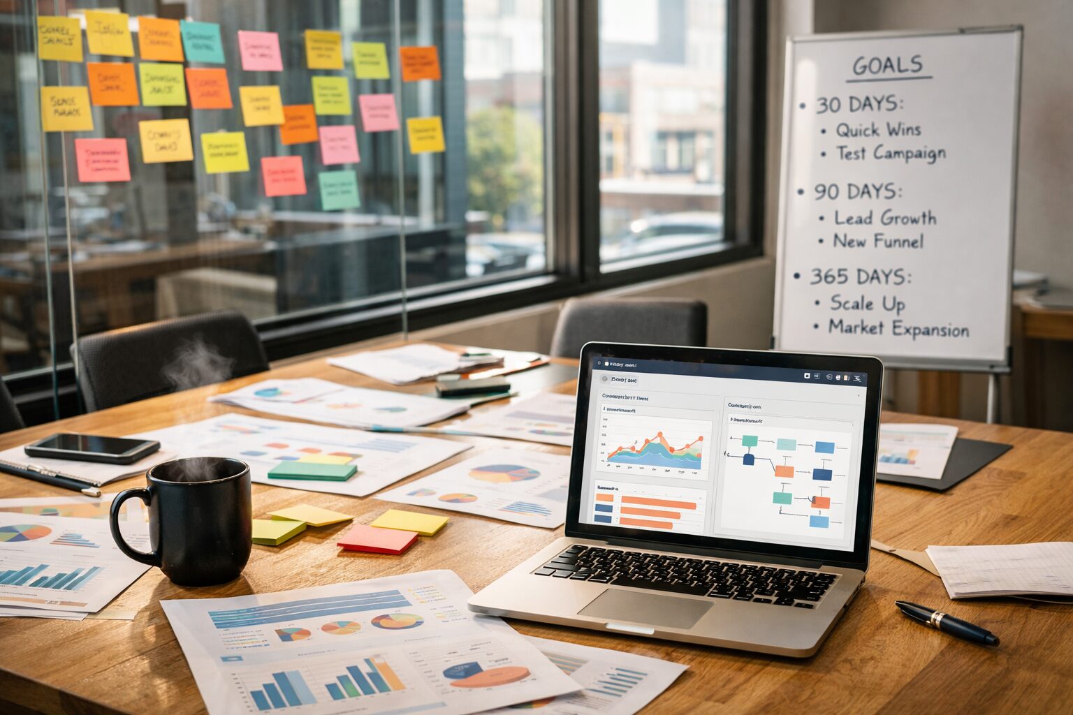 A high-resolution photograph of a modern marketing war-room: a long oak table strewn with printouts of campaign dashboards, colour-coded Post-it notes on a glass wall, a laptop showing a HubSpot dashboard with graphs and workflows, and a steaming mug of coffee. In the background, a small whiteboard lists 30/90/365 day goals. Natural light pours through large windows, giving the scene a purposeful, human-centred energy.