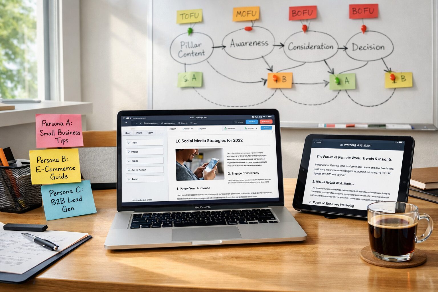 A crisp, high-resolution photograph of a modern marketing operations desk: a laptop displaying HubSpot’s blog editor with modular content blocks visible, sticky notes mapping persona segments to drafts, a tablet showing an AI-generated article draft from a service, and a glass of coffee. In the background, a whiteboard features a sketched knowledge graph linking pillar topics to customer journey stages, with coloured pins denoting A/B test variants. Natural daylight from a nearby window casts soft shadows, giving the scene an energetic, hands-on laboratory feel.