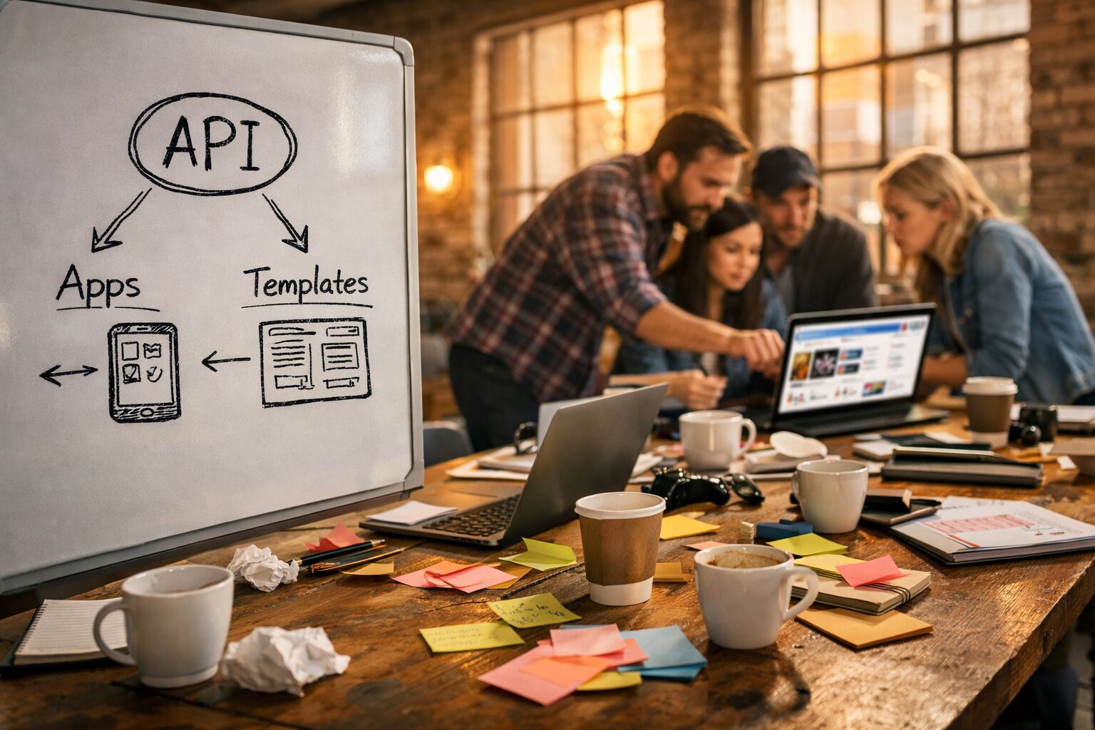 A high‑resolution photo of a collaborative workspace: a long wooden table strewn with laptops, sticky notes and empty coffee cups. In the foreground, a whiteboard bears a hand‑drawn diagram labelled 'API' with arrows pointing to small sketches of apps and templates; in the background, a small group of developers and marketers debate over a laptop screen showing a marketplace listing. Warm, late‑afternoon light filters through industrial windows, lending the scene a feeling of invention, grit and shared purpose.