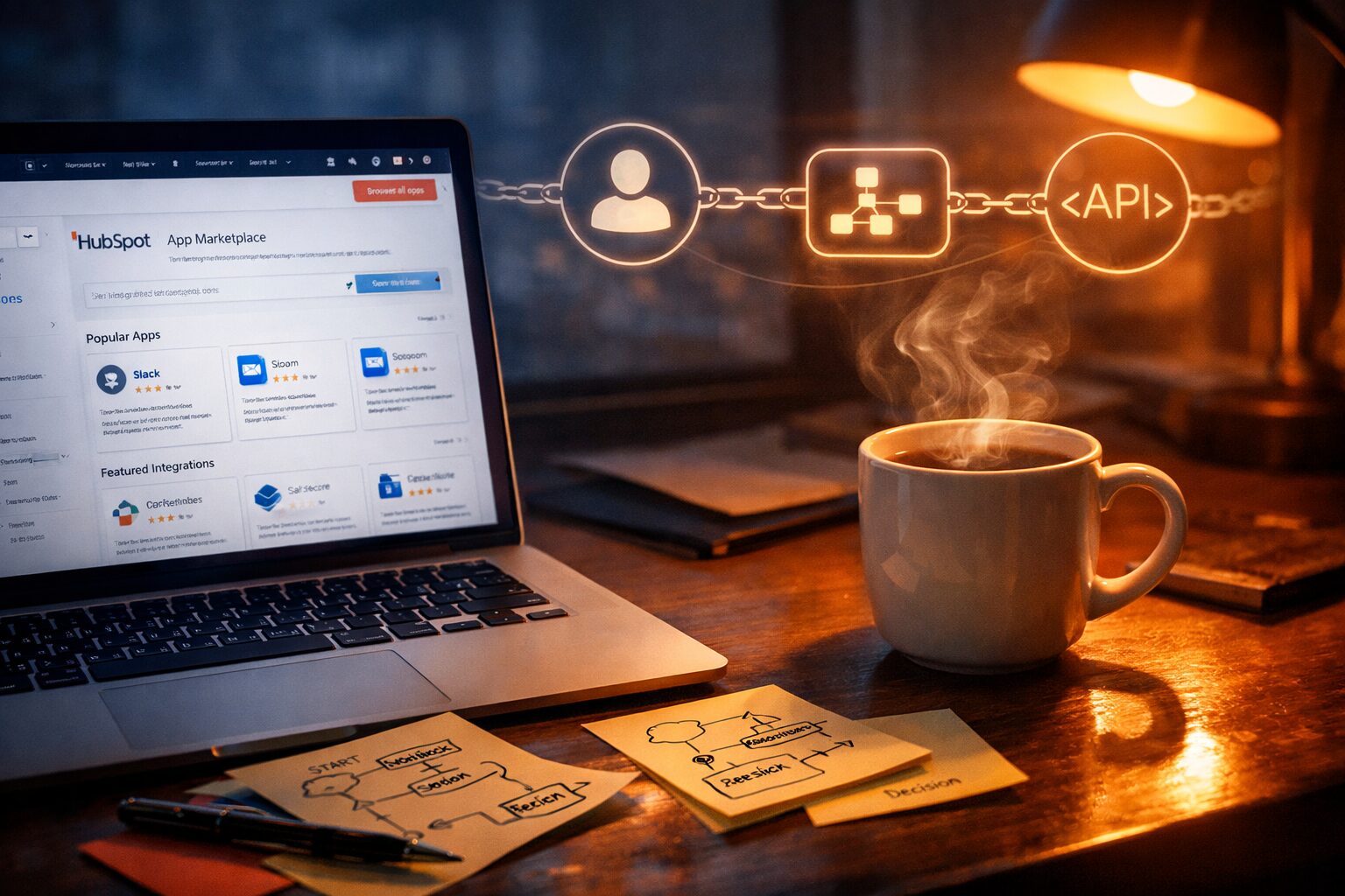 A close-up, cinematic photograph of a modern office desk at dusk: a laptop displays a HubSpot dashboard with an apps marketplace open, sticky notes with workflow diagrams scattered beside it, a coffee cup with steam curling up, and a translucent overlay of a chain subtly connecting icons representing contacts, workflows and APIs — symbolising ecosystem gravity and data lock-in. Warm amber light from a desk lamp contrasts with cool blue from the screen, suggesting the tension between human judgement and automated tools.