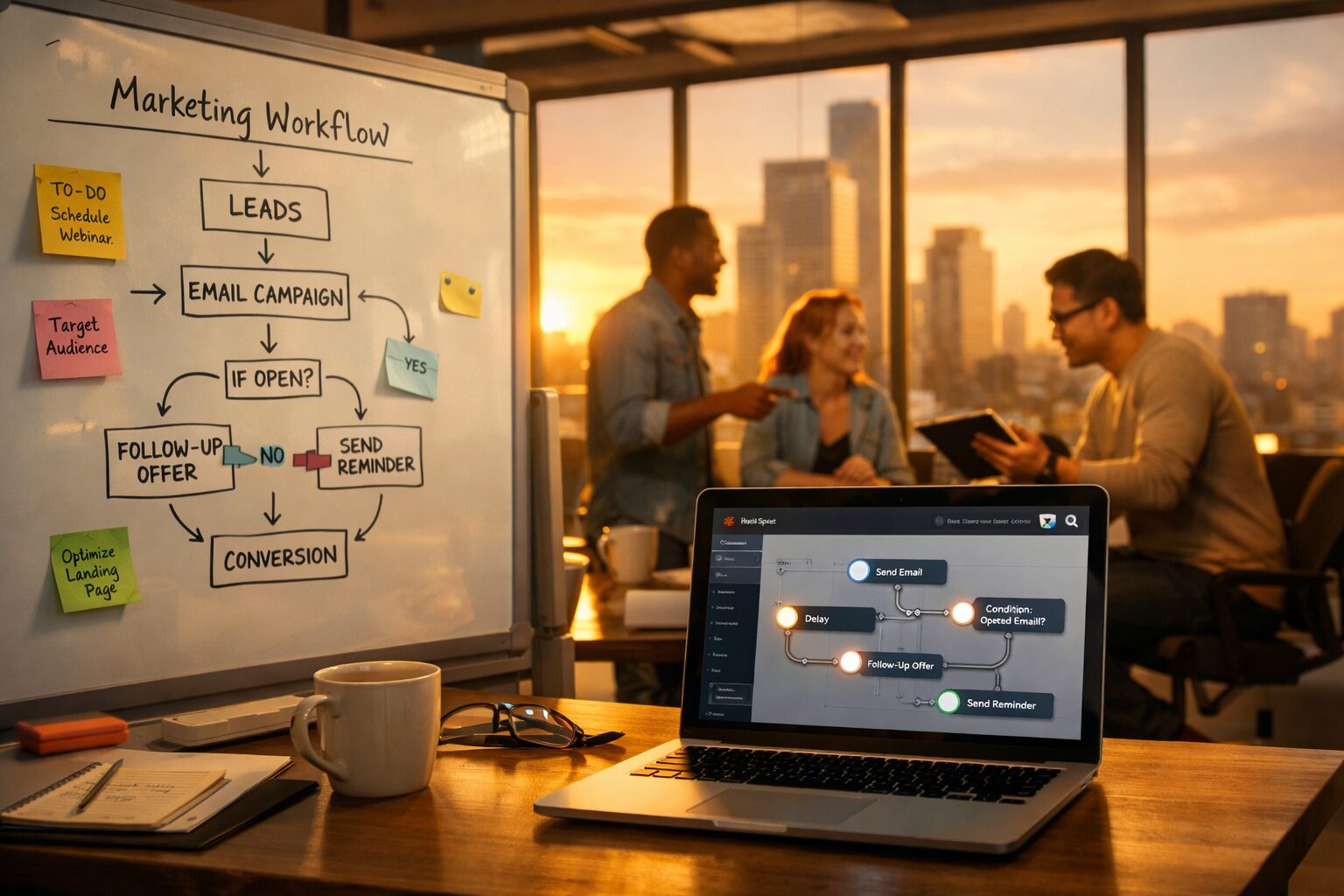 A wide-angle photograph of a modern open-plan office at golden hour. In the foreground, a whiteboard displays a neatly drawn marketing workflow with arrows, snippets and sticky notes; a laptop beside it shows the HubSpot dashboard with workflow nodes lit up. Around the table, a diverse small team chats, one person pointing to the board while another types on a tablet. Large windows reveal an urban skyline bathed in warm light, suggesting focus, collaboration and the seamless blending of human creativity with automated systems.