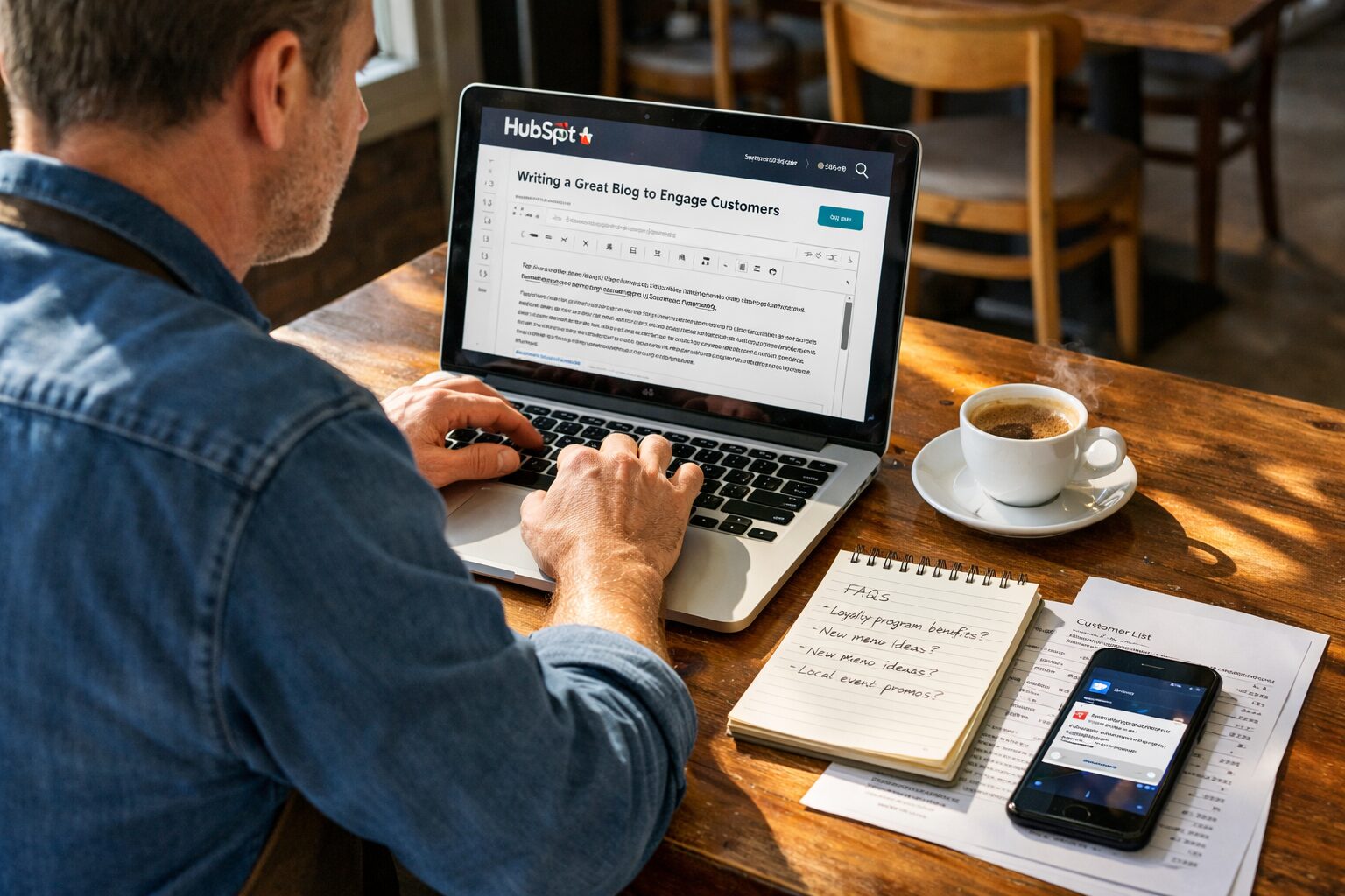 A crisp, candid photograph of a small café proprietor at a late-morning table, laptop open to a HubSpot blog editor. Sunlight falls across a notepad of scribbled customer questions and a printed CRM export. A steaming espresso sits beside a phone showing a notification from a local community Facebook group. The scene conveys focus and modest scale: practical tech, human notes, and an immediate local audience — the intersection where AI-assisted blogging empowers everyday entrepreneurs.