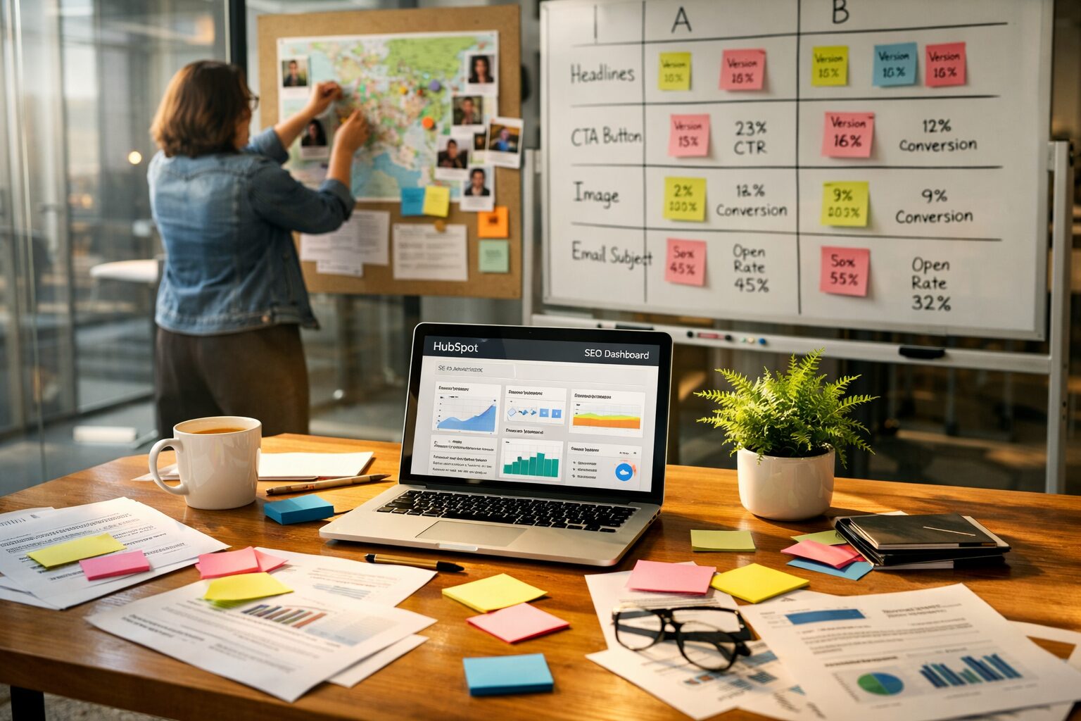 A high-resolution photograph of a modern office lab: a glass-walled room with a central wooden table strewn with printed content briefs, sticky notes in bright colours, a laptop displaying HubSpot’s SEO dashboard, and a whiteboard covered in A/B test matrices. Sunlight filters through, casting warm highlights on a coffee cup and a small potted fern, suggesting lively experimentation. In the background, a team member pins a local map and community contributor photos, illustrating the blend of data-driven SEO and human storytelling.