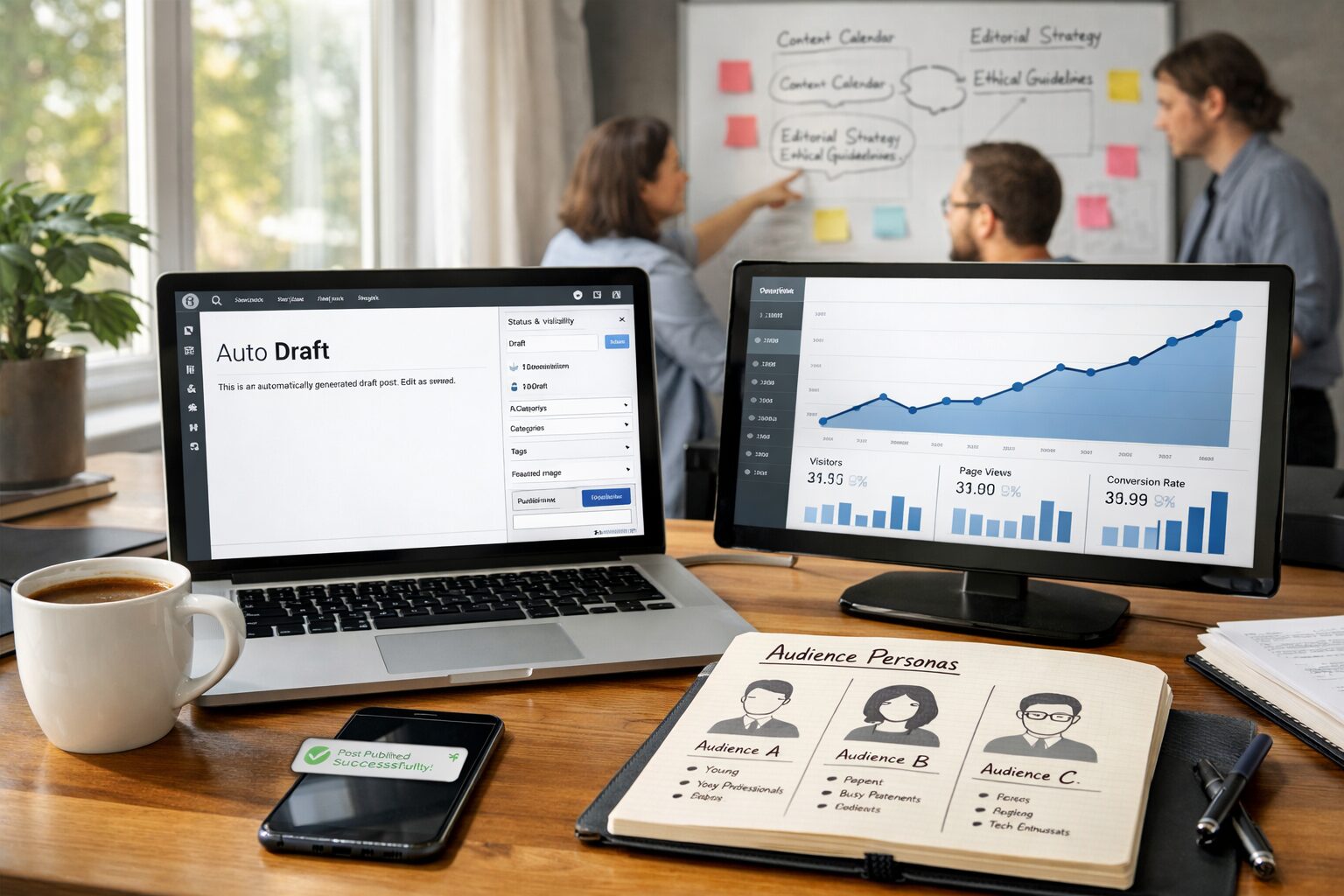 A crisp, high-resolution photograph of a modern marketing operations desk: a laptop displaying a WordPress dashboard with a freshly auto-generated draft, a second screen showing analytics graphs climbing, and a notepad with segmented audience personas. Natural light streams through a window, casting soft shadows. In the foreground, a coffee cup and a smartphone with a notifications banner hint at real-time publishing; in the background, a small team collaborates on a whiteboard annotated with editorial workflows and ethical guardrails.