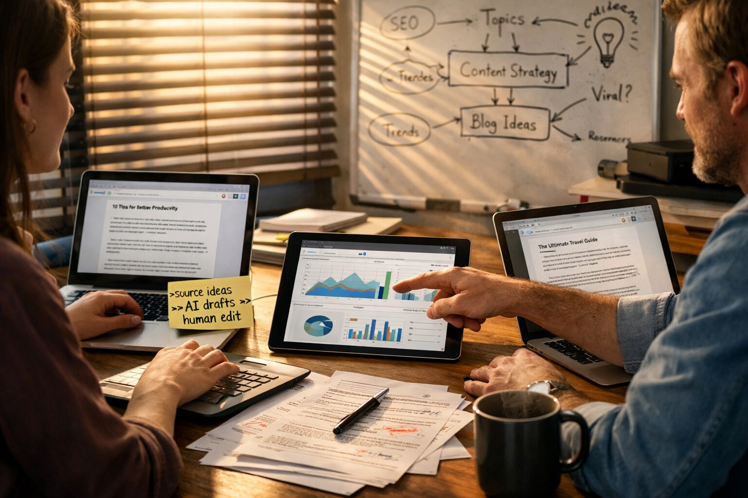 A high-resolution photograph of a small editorial team around a table at dawn. On the table: two laptops with draft blog posts visible, a tablet showing analytics, annotated printouts and a steaming mug. Sunlight filters through venetian blinds, casting linear shadows across a whiteboard filled with keywords and hand-drawn diagrams. One team member points at the tablet while another types; a sticky note on the laptop reads 'source ideas -> AI drafts -> human edit'. The atmosphere is collaborative and quietly industrious, emphasising continuity, creativity and the blending of human insight with machine assistance.
