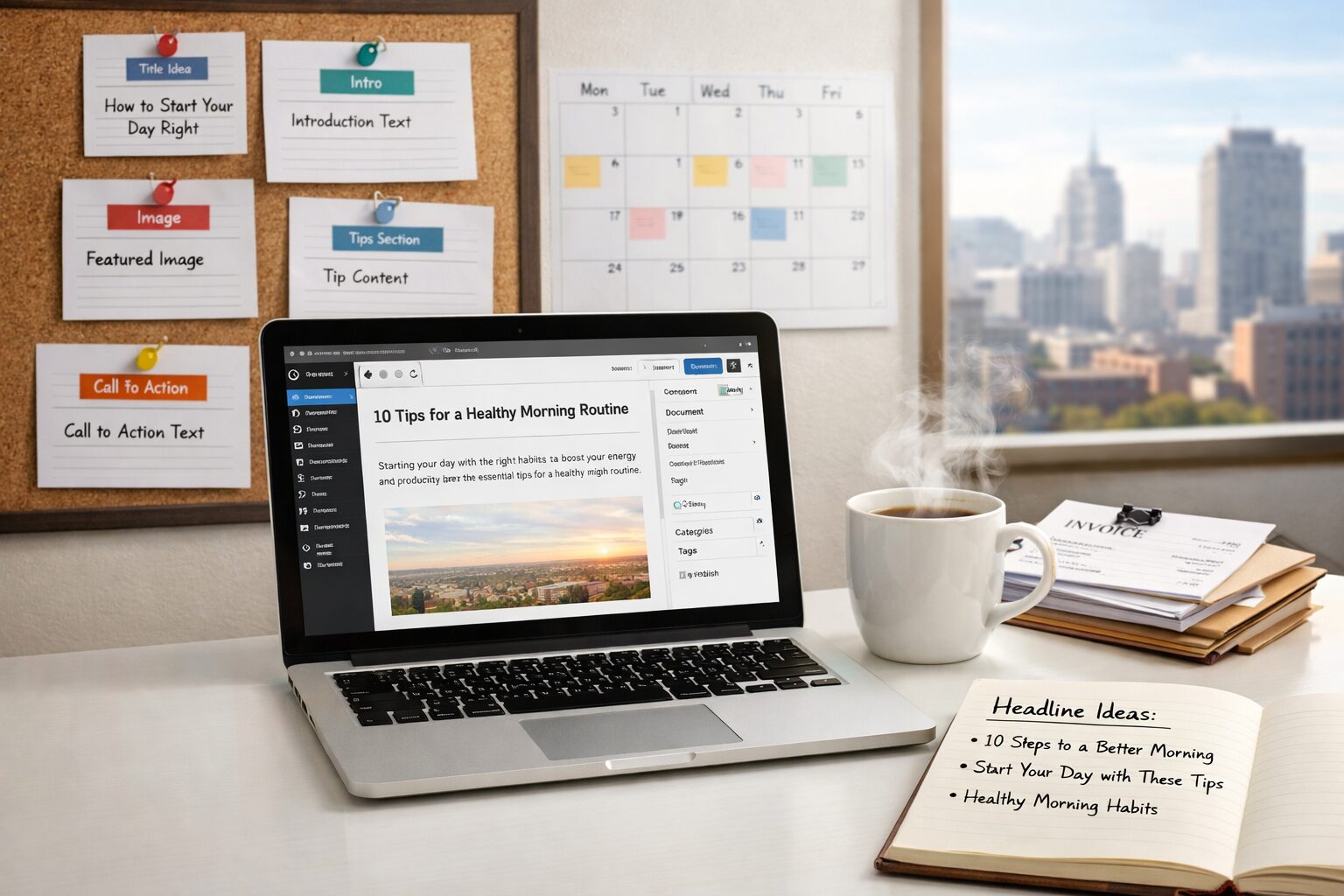 A close-up, brightly lit photograph of a minimalist desk: a laptop displaying a WordPress editor with an automatically generated article on screen, printouts of tagged content blocks pinned to a corkboard, a cup of coffee steaming beside a small stack of invoices and an open notebook showing headline variants. In the background, an out-of-focus wall calendar marks a publishing schedule, while a window reveals an urban skyline, suggesting scalable, remote publishing operations.