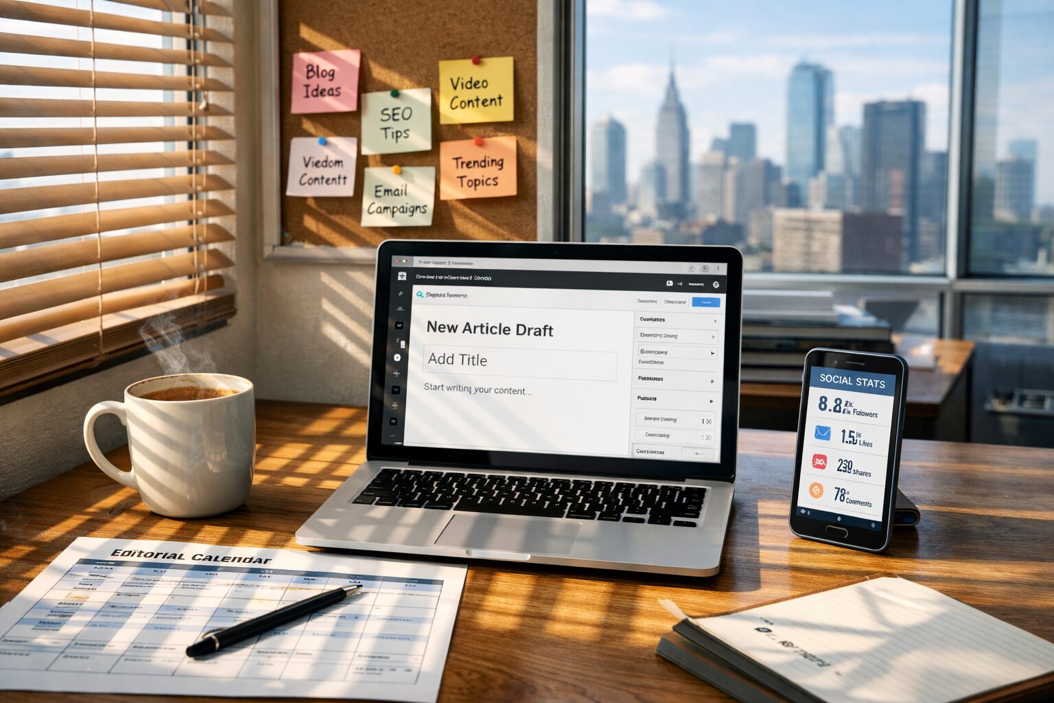 A high-resolution photograph of a modern content operations room: a wooden desk with a laptop displaying a WordPress draft, sticky notes pinned to a nearby wall with topical ideas, and a smartphone showing social metrics. Sunlight filters through venetian blinds, casting linear shadows across a mug of coffee and a printed editorial calendar. In the background, a glass window reveals a city skyline, hinting at the fast pace of news and marketing cycles that drive on-demand content creation.