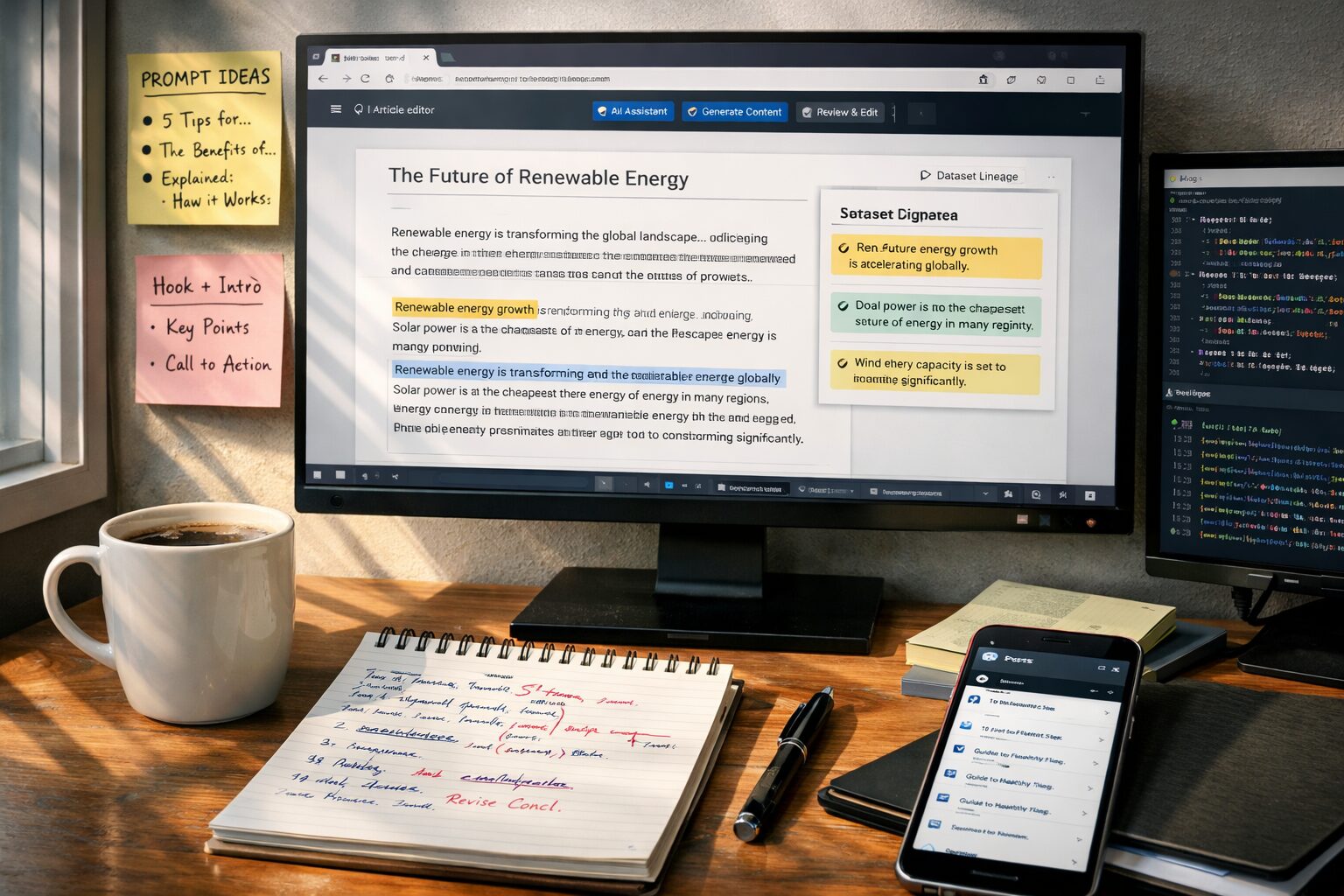 A close-up colour photograph of a modern editorial workflow: a large monitor on a tidy desk shows a browser window with an AI-generated article editor and highlighted source snippets; sticky notes with prompt templates and a printed dataset lineage diagram are tacked beside the screen. In the foreground, a coffee mug and a notepad with hand-scribbled edits sit next to a smartphone displaying a WordPress post list. Soft daylight from a window casts diagonal shadows, and the scene balances human touches (notes, pen) with digital complexity (code snippets, API logs visible on a secondary screen).