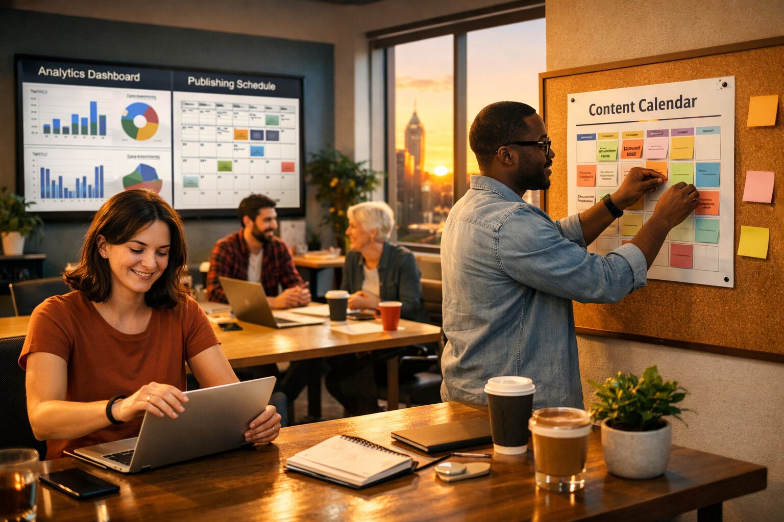 A high-resolution photograph of a modern open-plan office at golden hour: a diverse team clustered around a large table strewn with laptops and notebooks, a wall screen showing content analytics dashboards and a publication schedule, and a window view of a city skyline. The foreground shows a copywriter closing a laptop with a satisfied smile while a colleague pins a branded content calendar to a corkboard. Light reflects off coffee cups and a small potted plant, suggesting human-centred productivity amidst digital workflows.