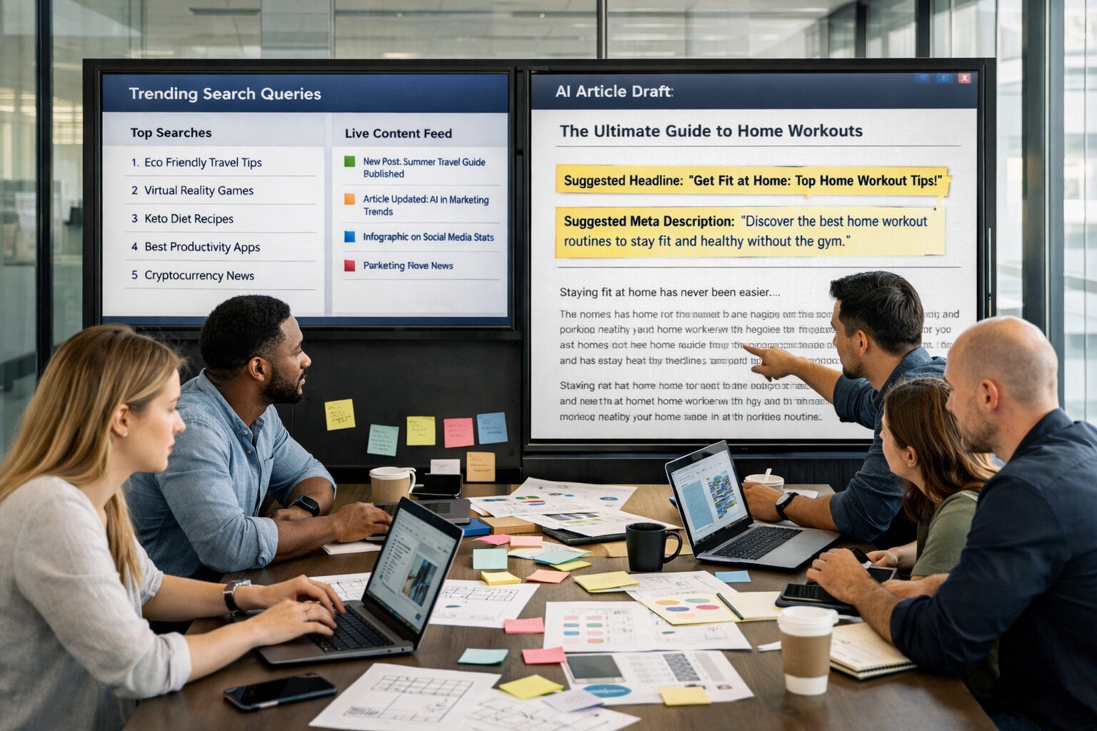 A crisp, high-resolution photograph of a modern marketing war-room: a long table with diverse content and SEO professionals clustered around laptops and large wall screens. One screen shows a dashboard with trending search queries and a real-time content publication feed; another displays a draft article being auto-generated, with highlighted suggested headlines and meta descriptions. Natural light pours through glass walls, while sticky notes and printed wireframes scatter the table—conveying a blend of fast experimentation and human creativity.