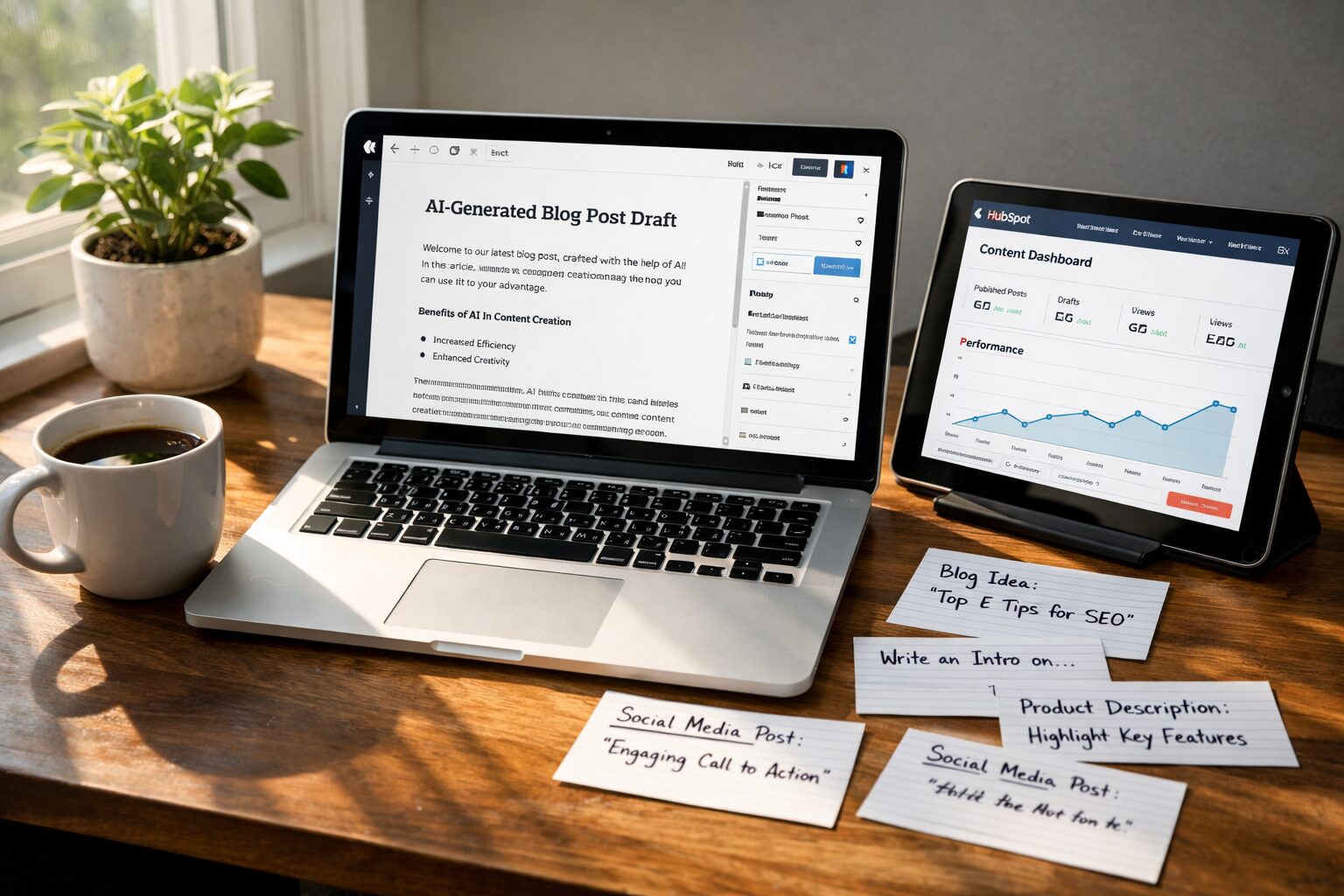 A crisp, candid photograph of a compact modern workspace: a laptop displaying a WordPress editor with an AI-generated draft on screen, a second tablet showing HubSpot's content dashboard, scattered index cards with hand-written prompt templates, and a mug of coffee. Sunlight streams through a window onto a small potted plant, symbolising the human touch amid digital automation. The scene conveys both technical integration and the craft of curation.