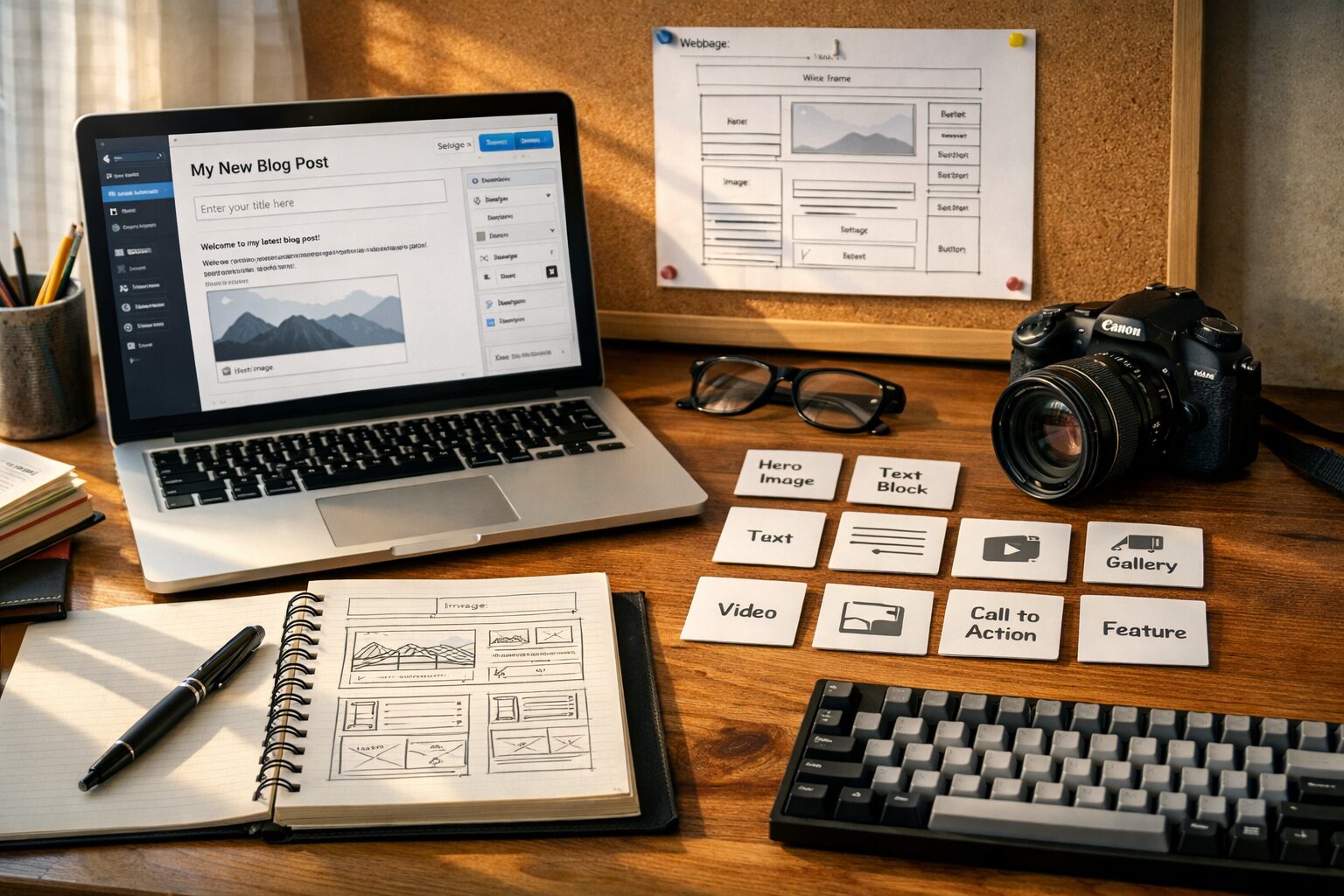 A high-resolution photo of a well-lit workshop table that blends digital and analogue tools: a laptop with a blog editor open, a printed wireframe pinned to a corkboard, a set of labelled modular cards representing content components, a DSLR camera for imagery, a mechanical keyboard and a notebook with hand-drawn layout sketches. Soft daylight falls across the scene, highlighting the contrast between tactile design sketches and the glowing screen, suggesting the union of craftsmanship and engineering in modern blogging.