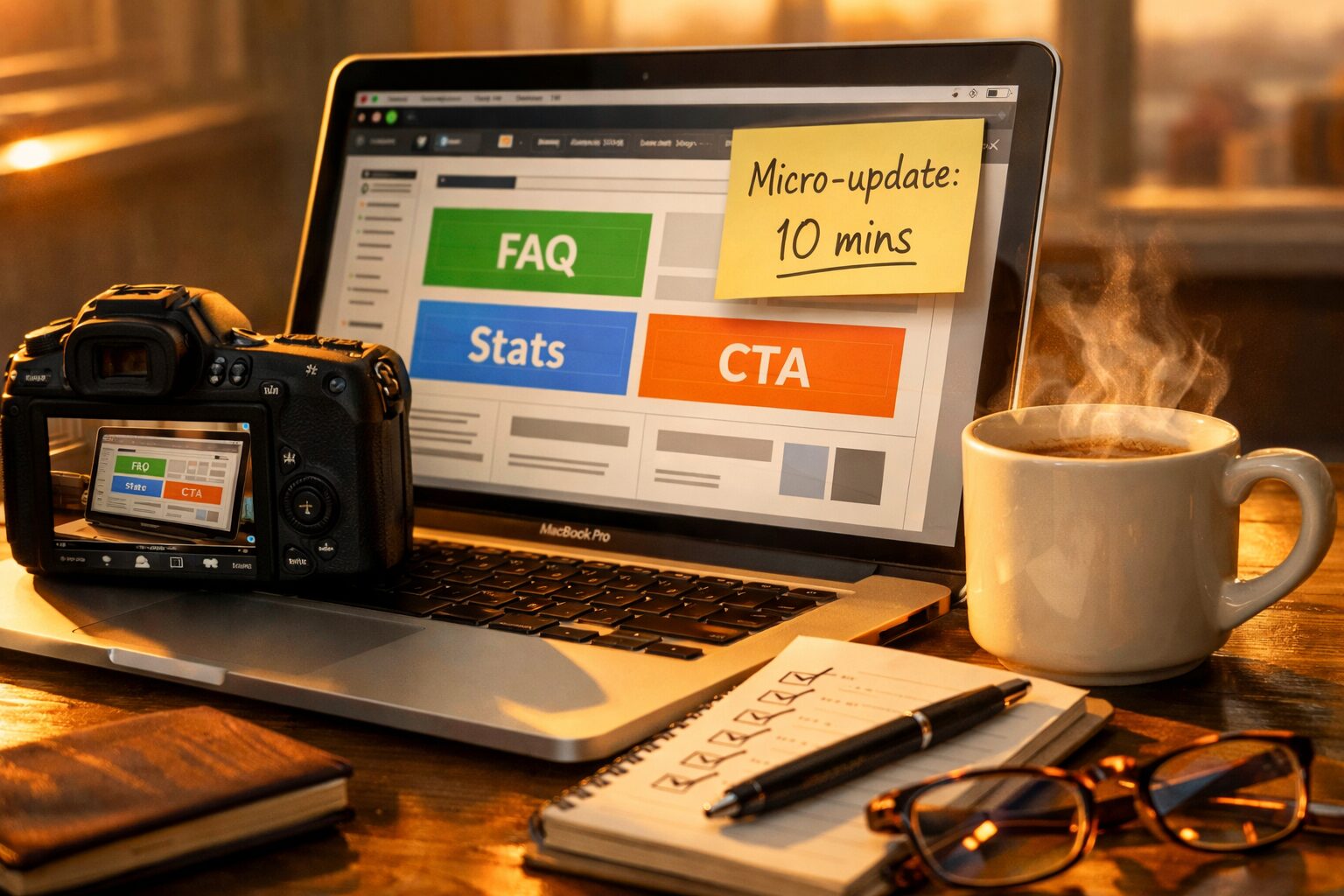 A close-up photograph of a digital editor's desk at golden hour: a laptop showing a modular CMS layout with colourful blocks labelled 'FAQ', 'Stats' and 'CTA'; a sticky note stuck to the screen with the handwritten words 'Micro-update: 10 mins'; a camera capturing a new screenshot; a mug steaming beside a notepad with a checklist; soft sunlight catching a pair of glasses—an image that conveys urgent, iterative work that’s both creative and methodical.